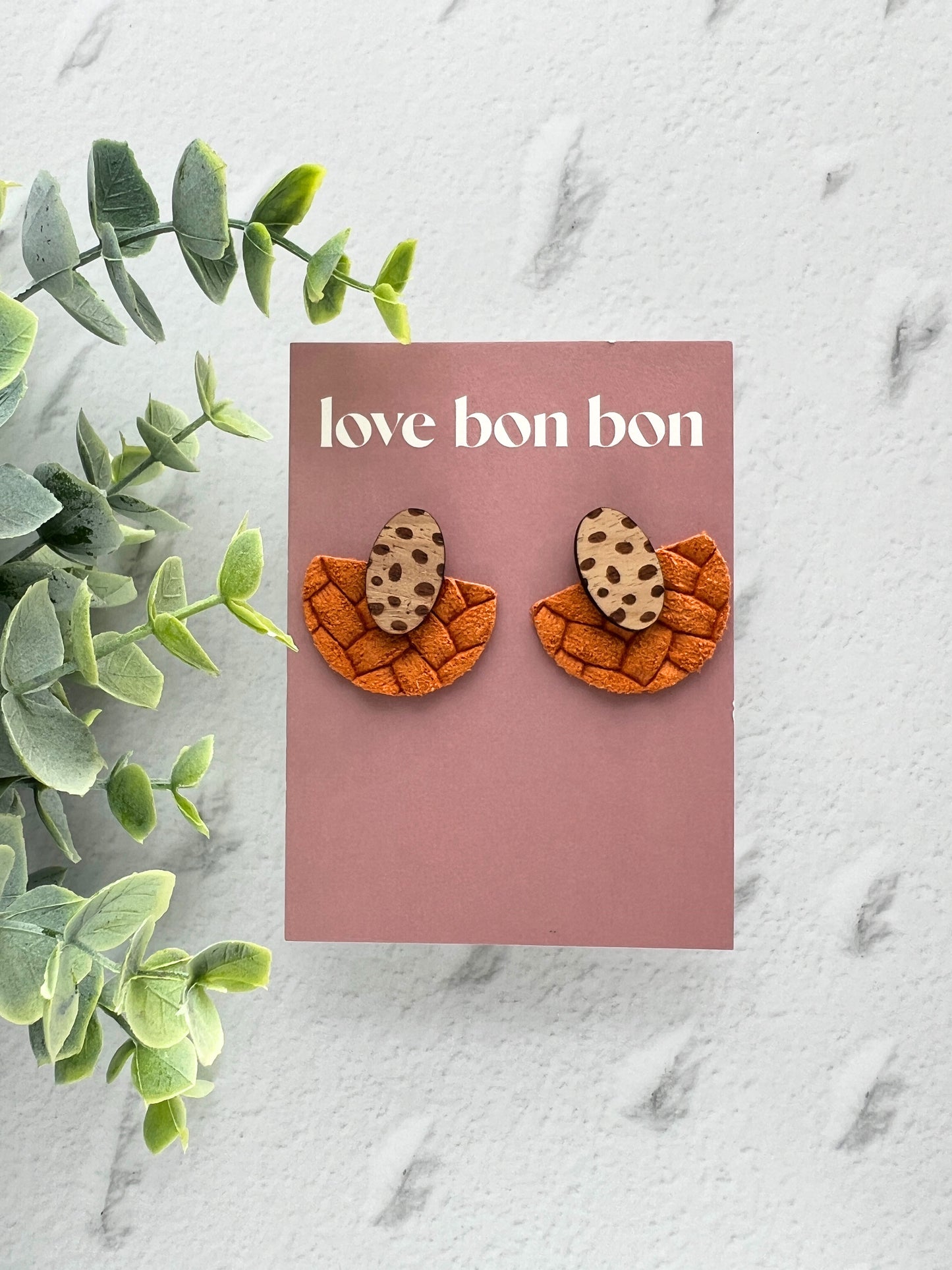 Ollie - Half Circle Embossed Leather Drop Earring - Burnt Orange