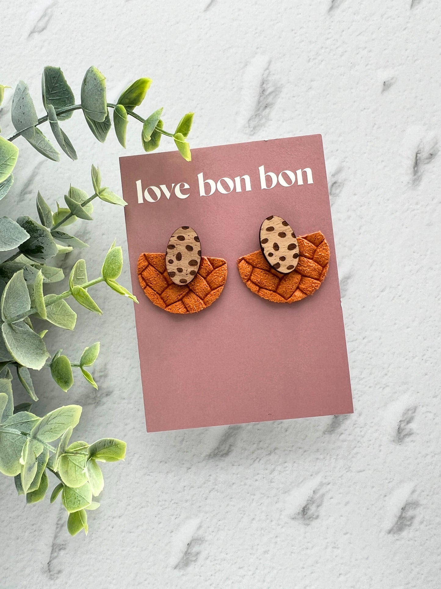 Ollie - Half Circle Embossed Leather Drop Earring - Burnt Orange