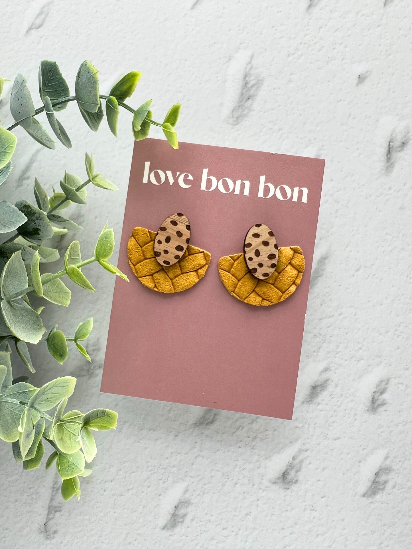 Ollie - Half Circle Embossed Leather Drop Earring - Mustard Yellow