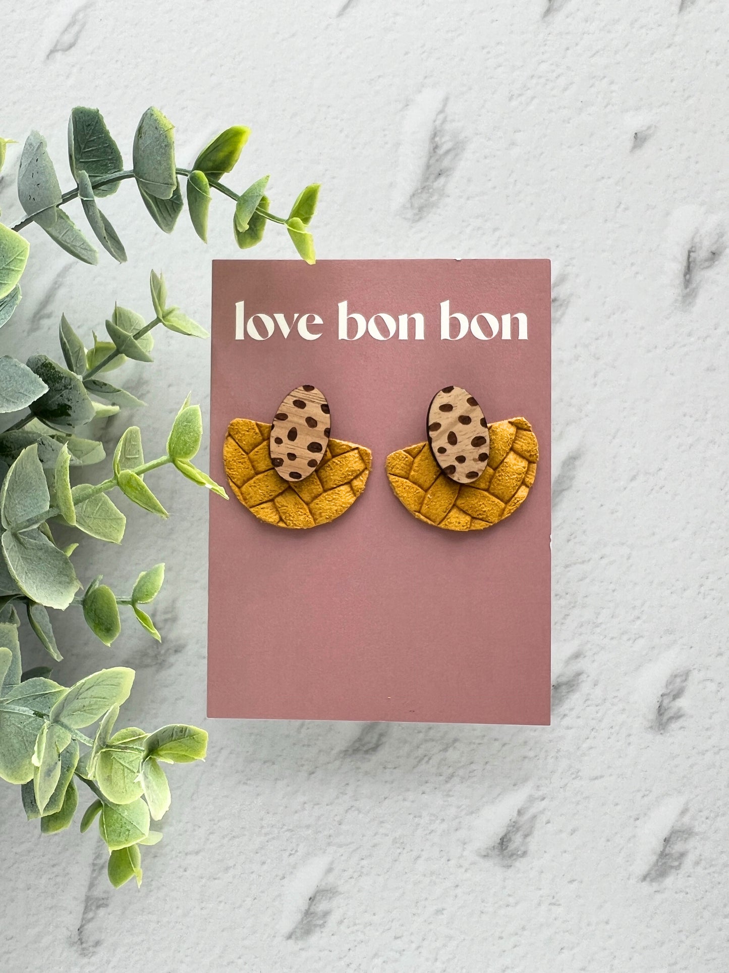 Ollie - Half Circle Embossed Leather Drop Earring - Mustard Yellow