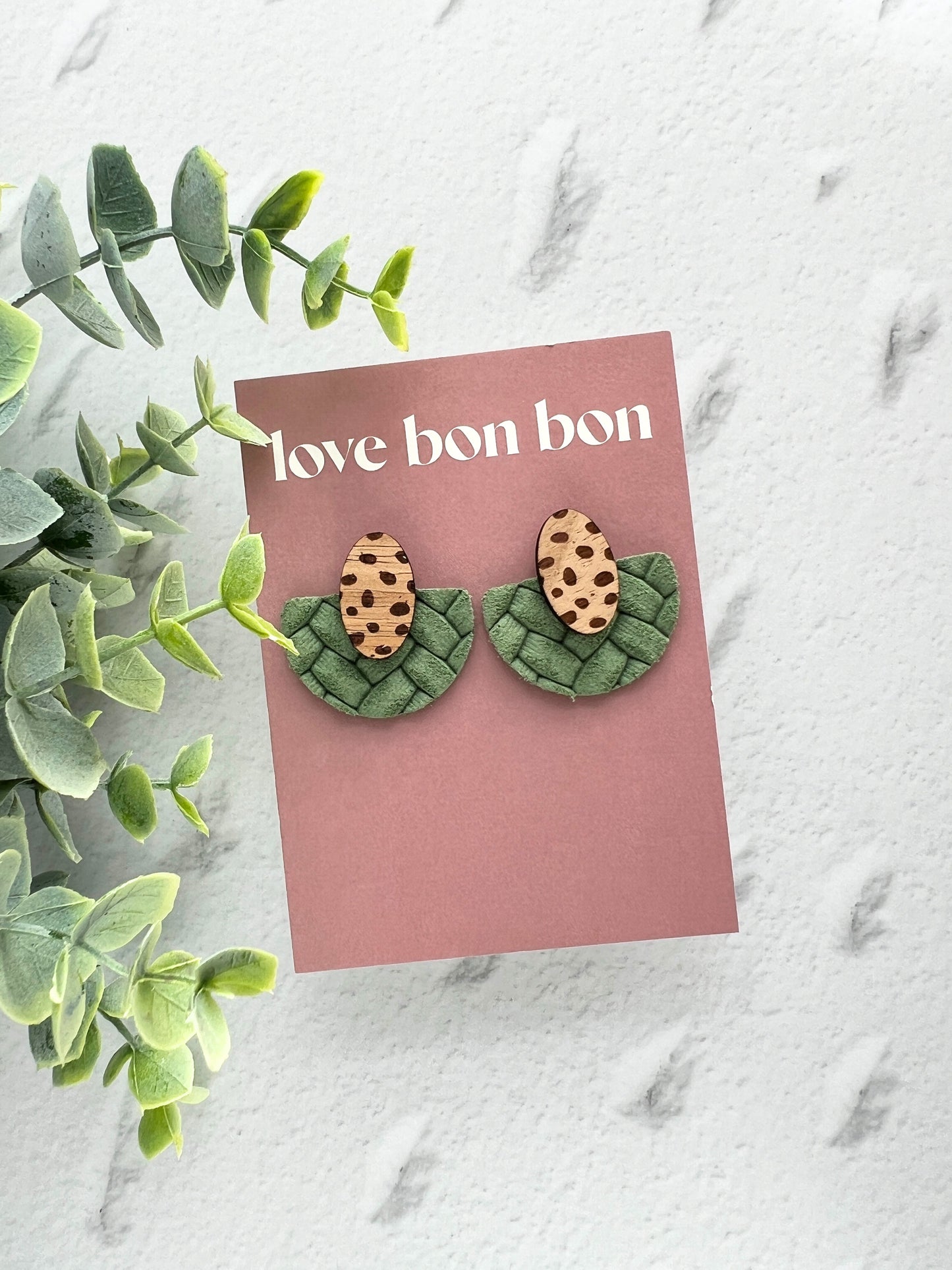 Ollie - Half Circle Embossed Leather Drop Earring - Sage Green