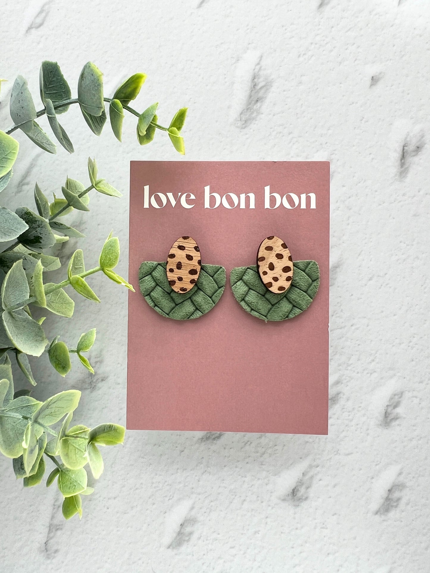 Ollie - Half Circle Embossed Leather Drop Earring - Sage Green