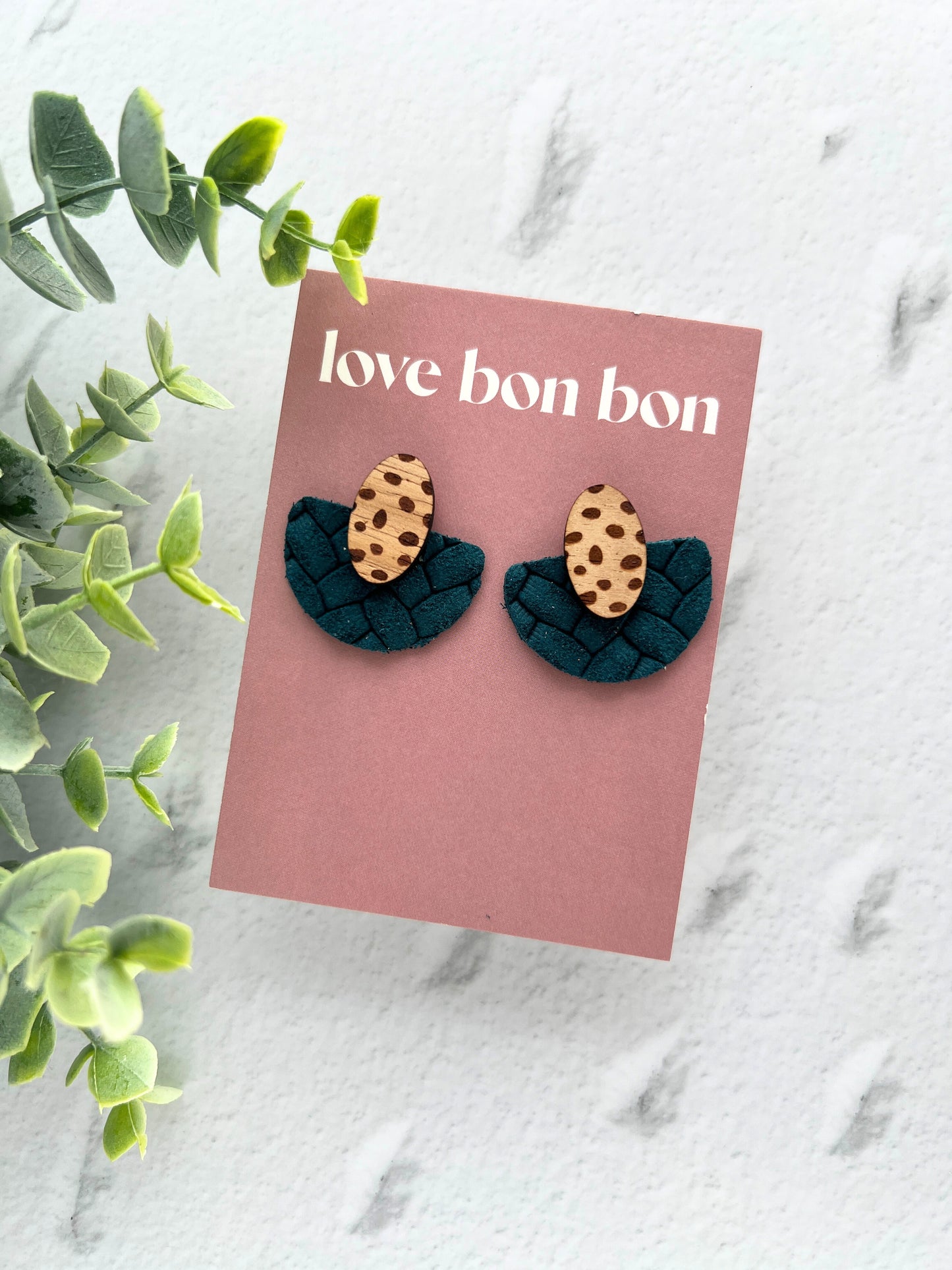 Ollie - Half Circle Embossed Leather Drop Earring - Peacock