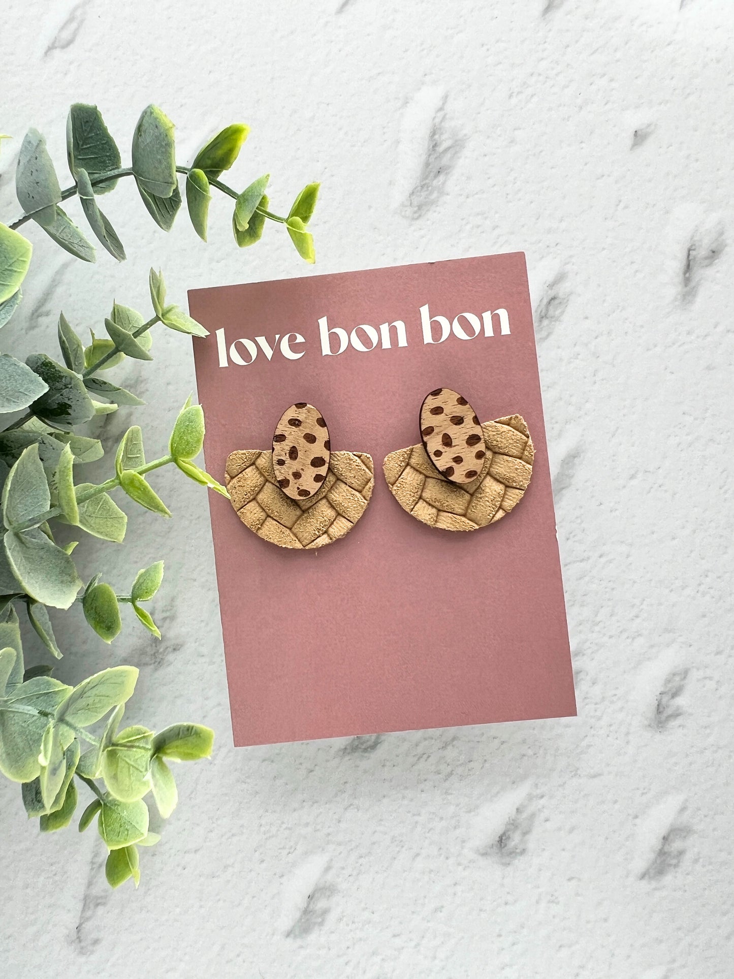 Ollie - Half Circle Embossed Leather Drop Earring - Oat