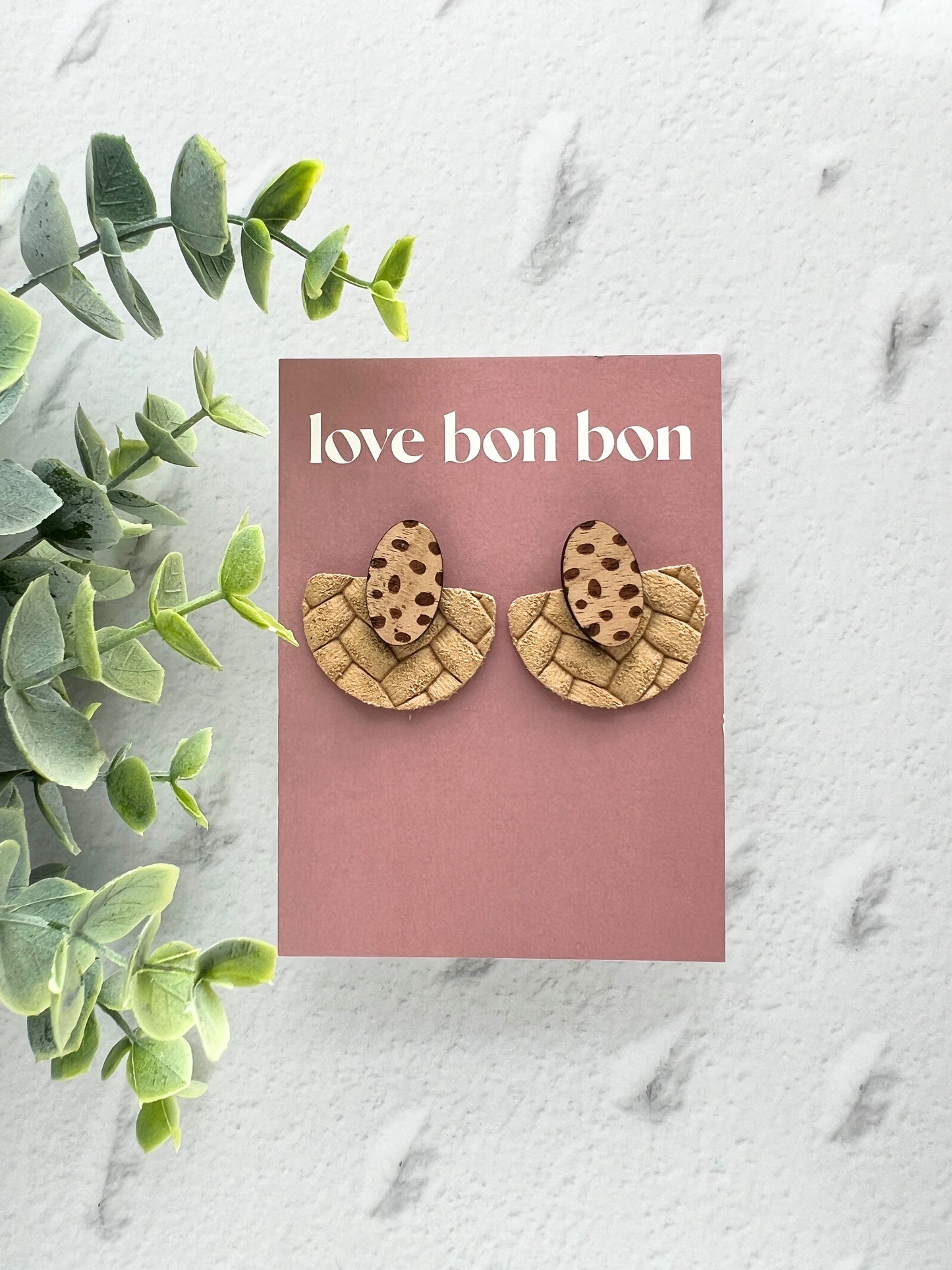 Ollie - Half Circle Embossed Leather Drop Earring - Oat