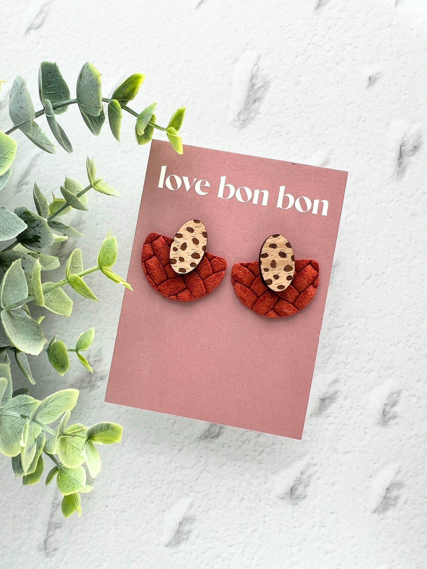 Ollie - Half Circle Embossed Leather Drop Earring - Rust