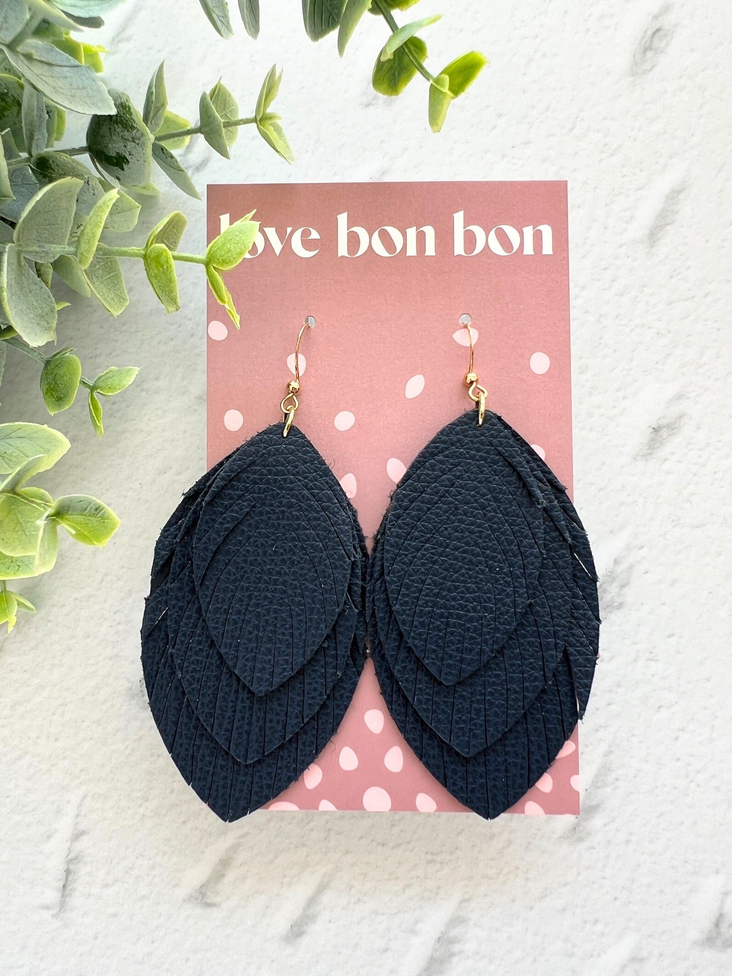 Sacha - Large Triple Feather Dangle Earring - Dark Navy