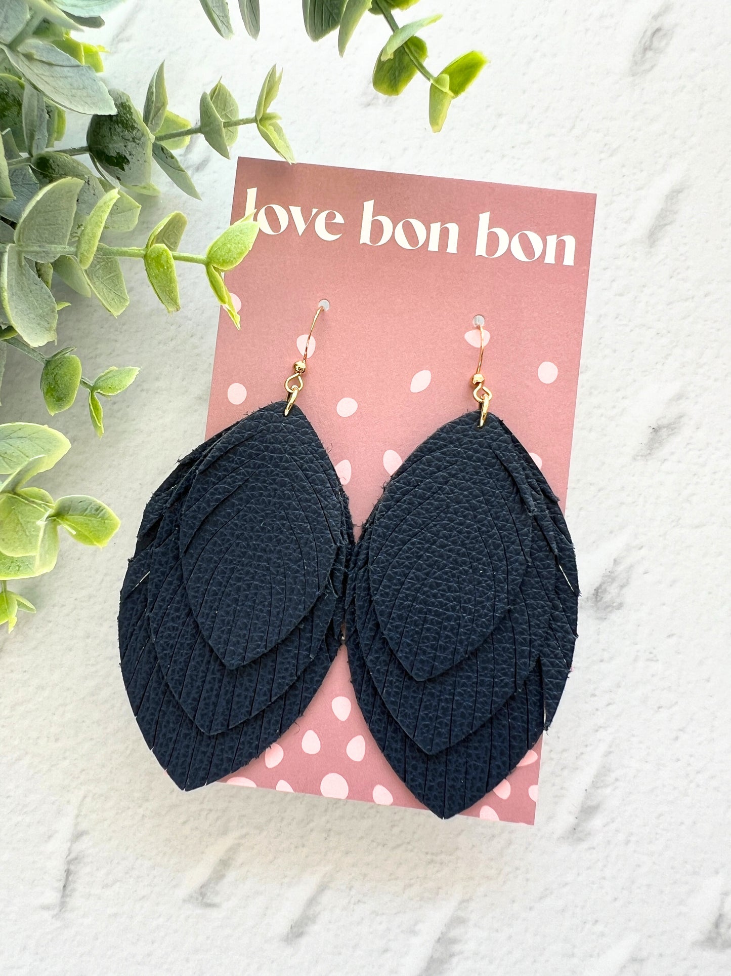 Sacha - Large Triple Feather Dangle Earring - Dark Navy