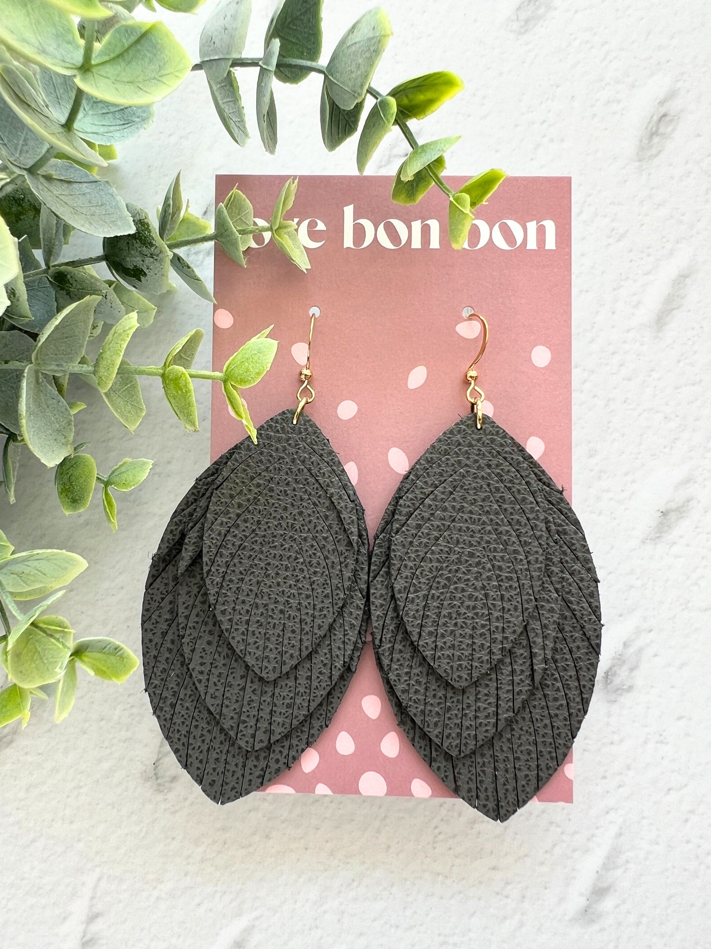 Sacha - Large Triple Feather Dangle Earring - Slate Grey