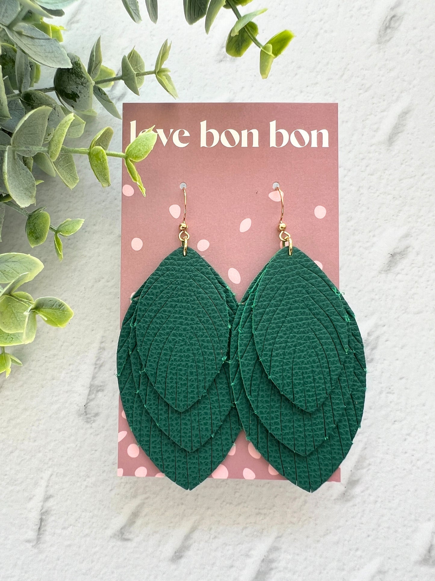 Sacha - Large Triple Feather Dangle Earring - Pine