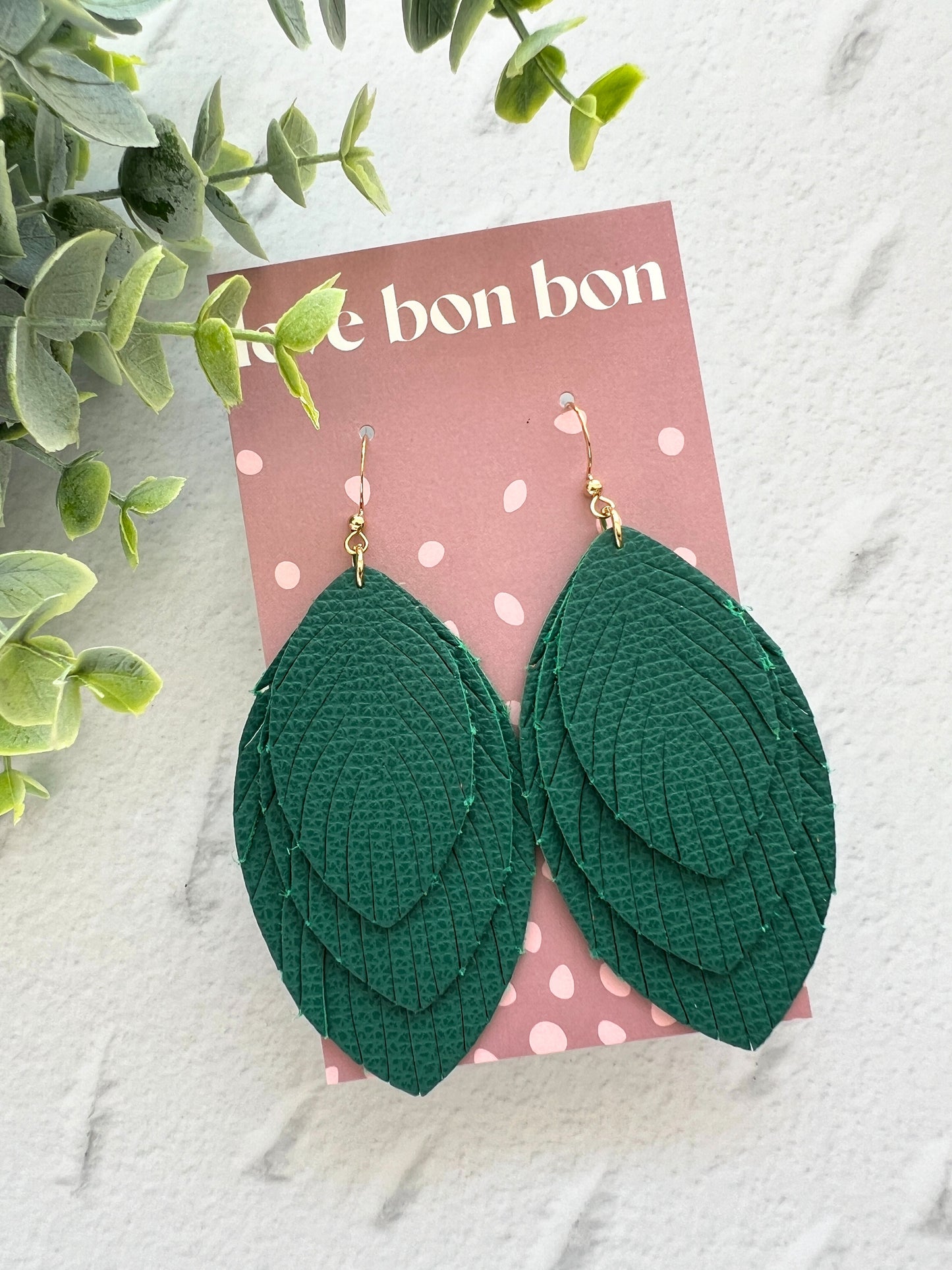 Sacha - Large Triple Feather Dangle Earring - Pine