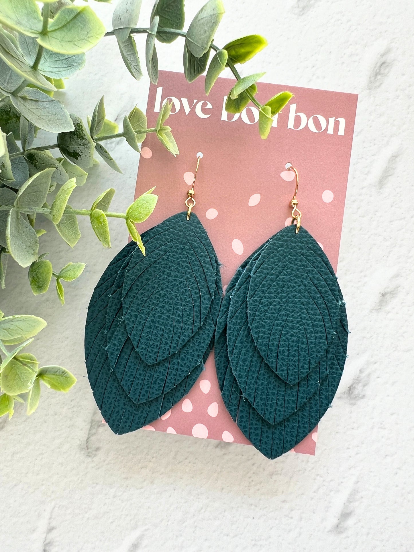 Sacha - Large Triple Feather Dangle Earring - Dark Teal
