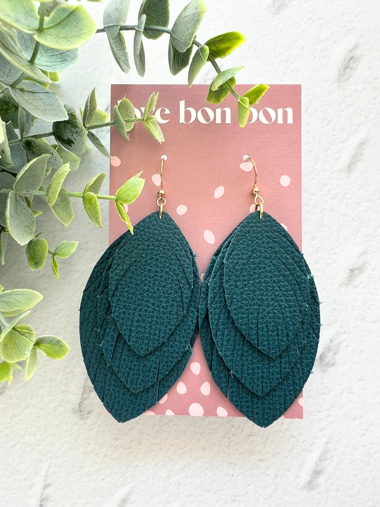 Sacha - Large Triple Feather Dangle Earring - Dark Teal
