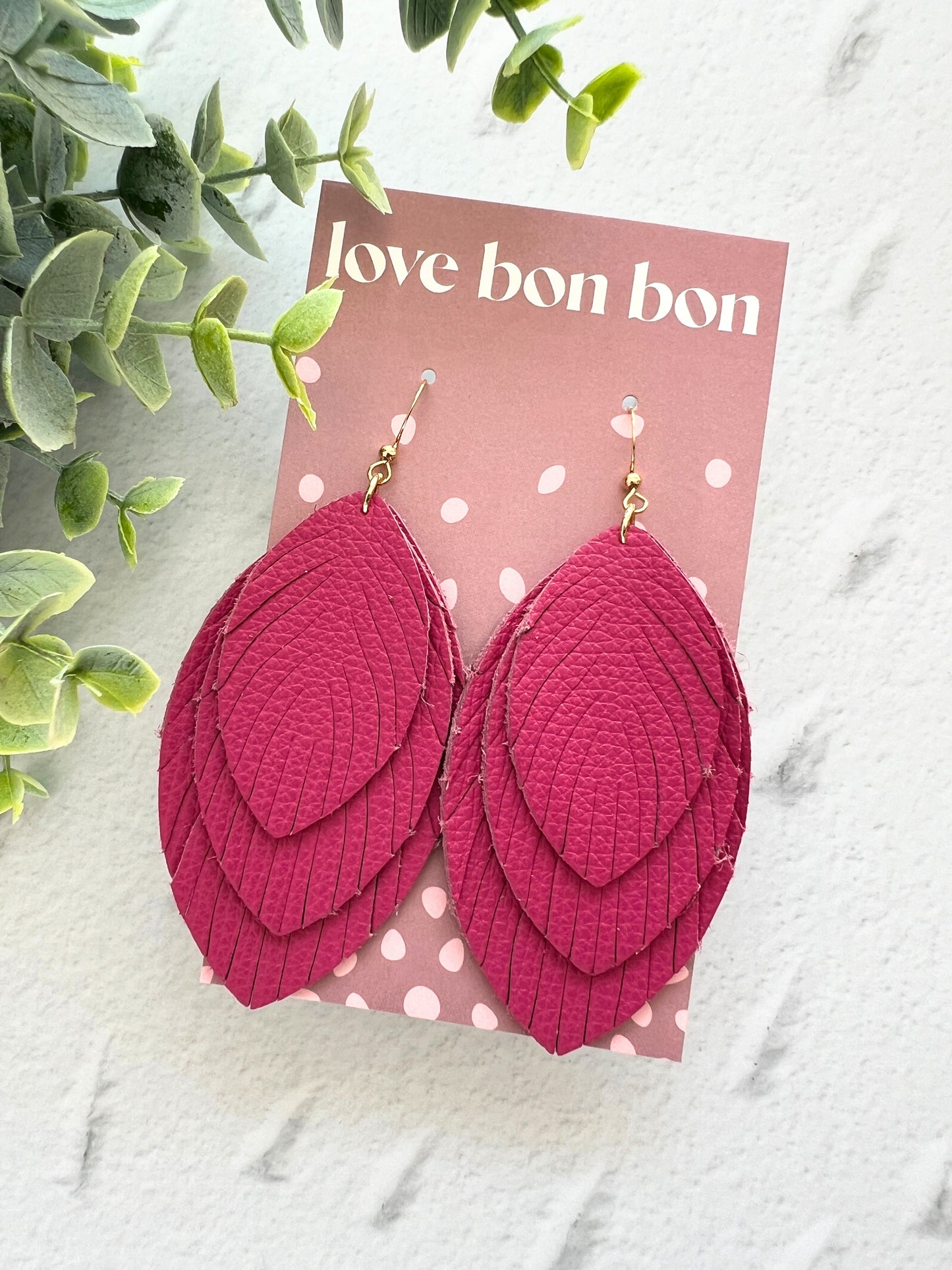 Sacha - Large Triple Feather Dangle Earring - Magenta
