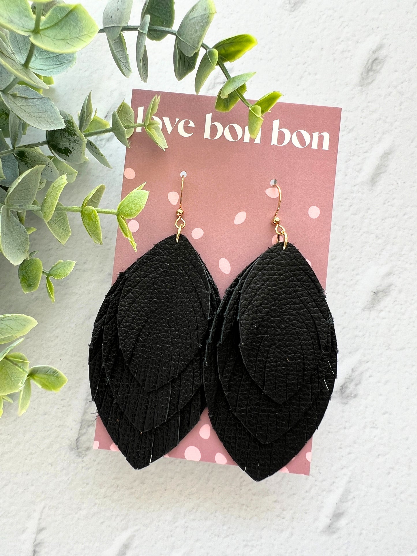 Sacha - Large Triple Feather Dangle Earring - Black