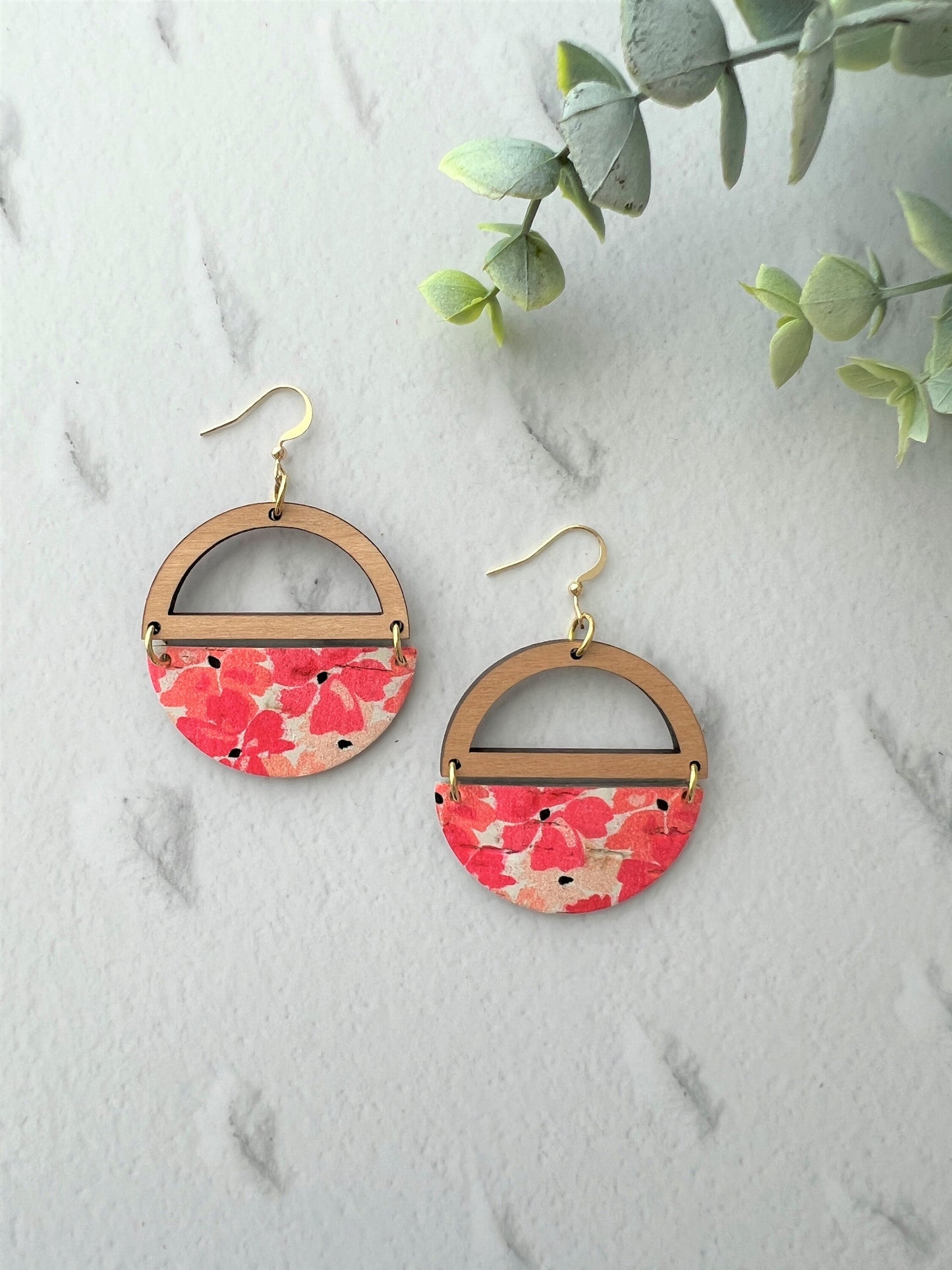 Genuine Cork and Large Leather Handmade Circle Earring with half circle Wooden topper - dangle earring - floral print leather