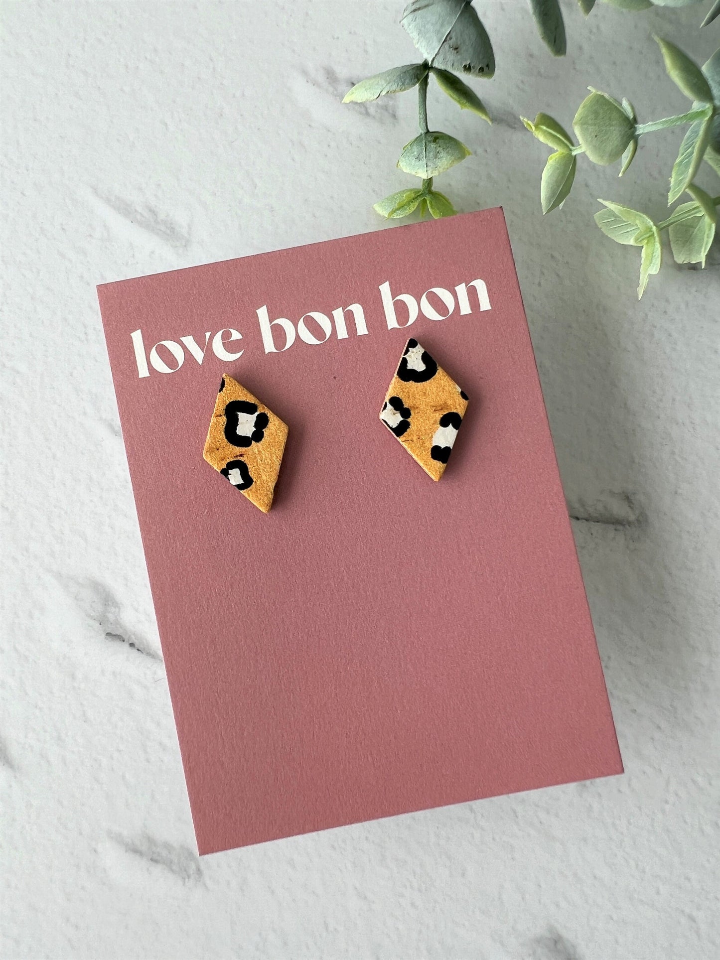 Bella - Cork & Leather Handmade Diamond Earring with gold stainless steel post