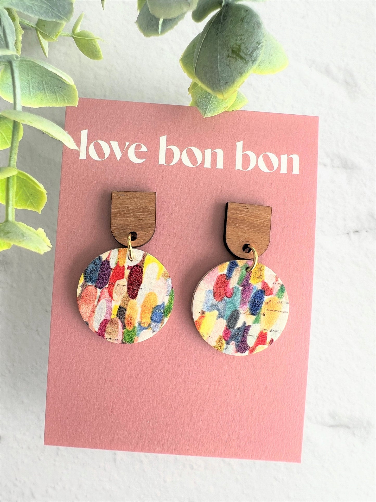 Marley - Vivid Confetti Cork & Leather Handmade Dangle Circle Earrings