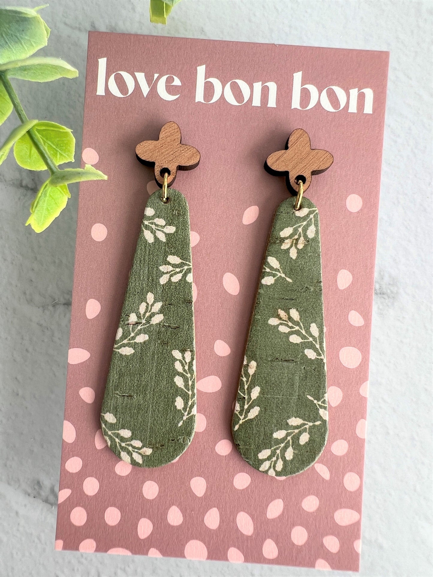 Cork & Leather Bar Drop Handmade Earring with Wooden topper - gifts for her - drop earrings - dangle earrings - birthday gift