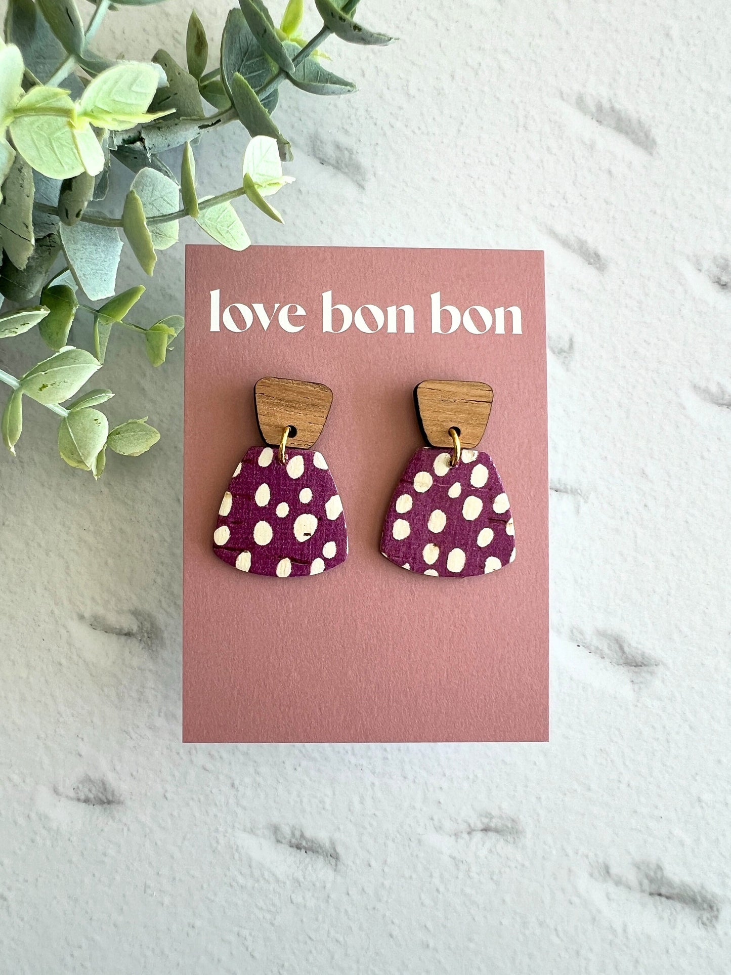 Cork and Leather Handmade Petite Earring with Wooden tops, dangle earring, handmade earring, leopard print, handmade earrings