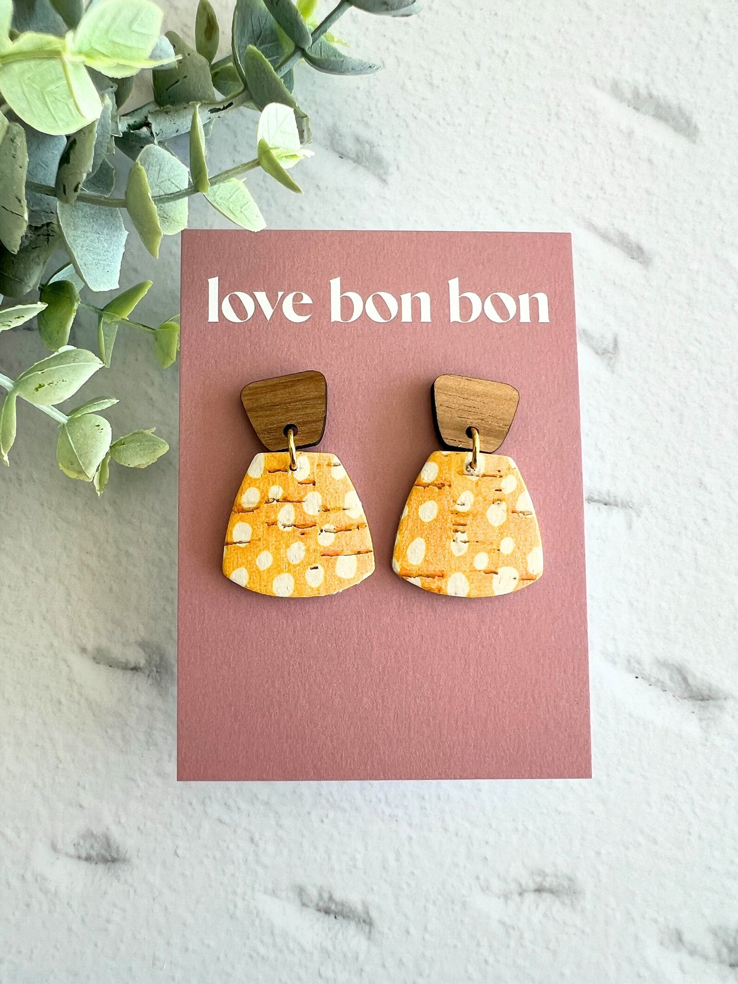 Cork and Leather Handmade Petite Earring with Wooden tops, dangle earring, handmade earring, leopard print, handmade earrings