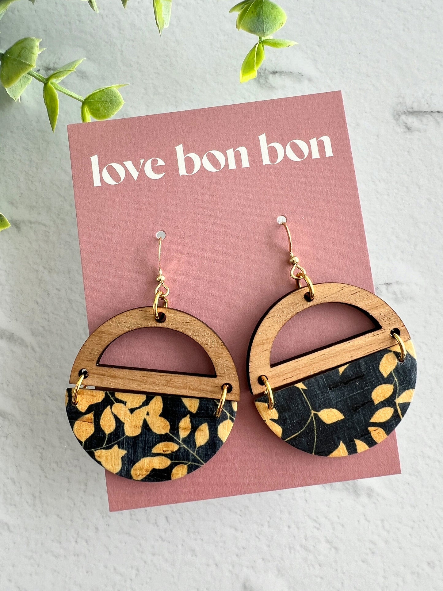 Genuine Cork and Large Leather Handmade Circle Earring with half circle Wooden topper - dangle earring - floral print leather