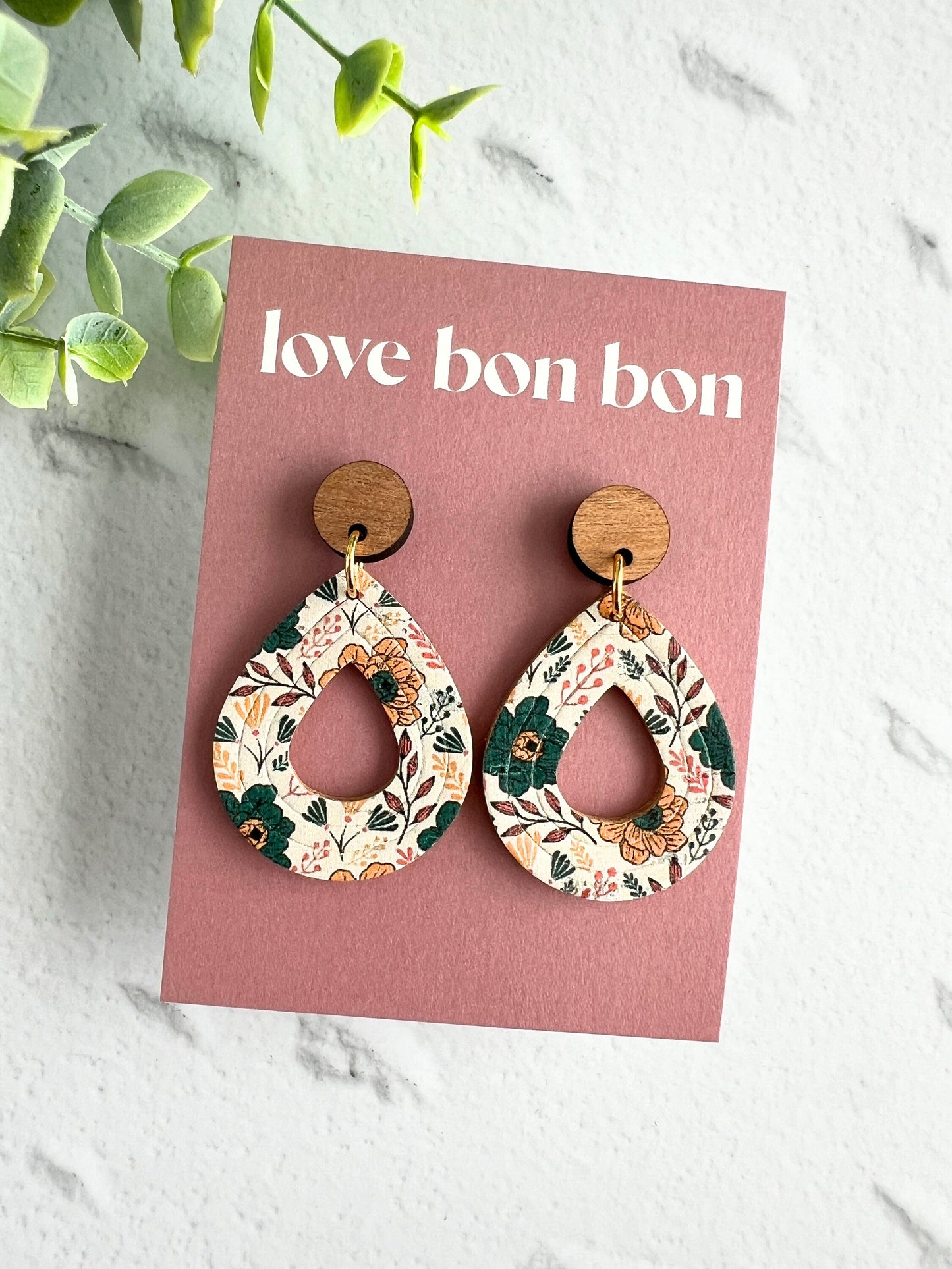 Cork and Leather Embossed Teardrop Handmade Earring with Wooden topper, dangle earring, gift for her, birthday gift, floral earring
