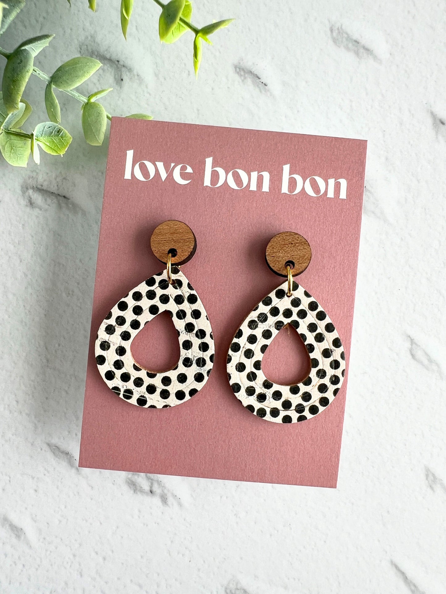 Cork and Leather Embossed Teardrop Handmade Earring with Wooden topper, dangle earring, gift for her, birthday gift, floral earring