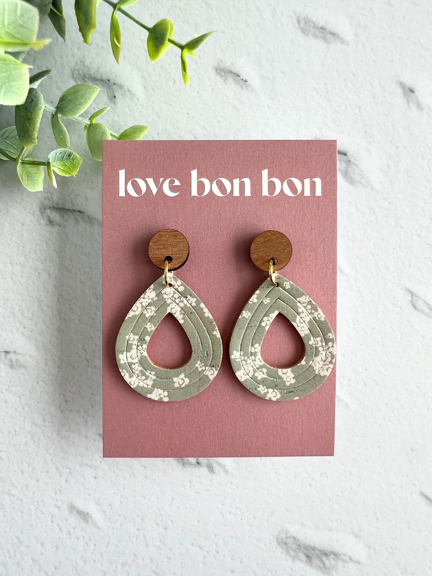Cork and Leather Embossed Teardrop Handmade Earring with Wooden topper, dangle earring, gift for her, birthday gift, floral earring