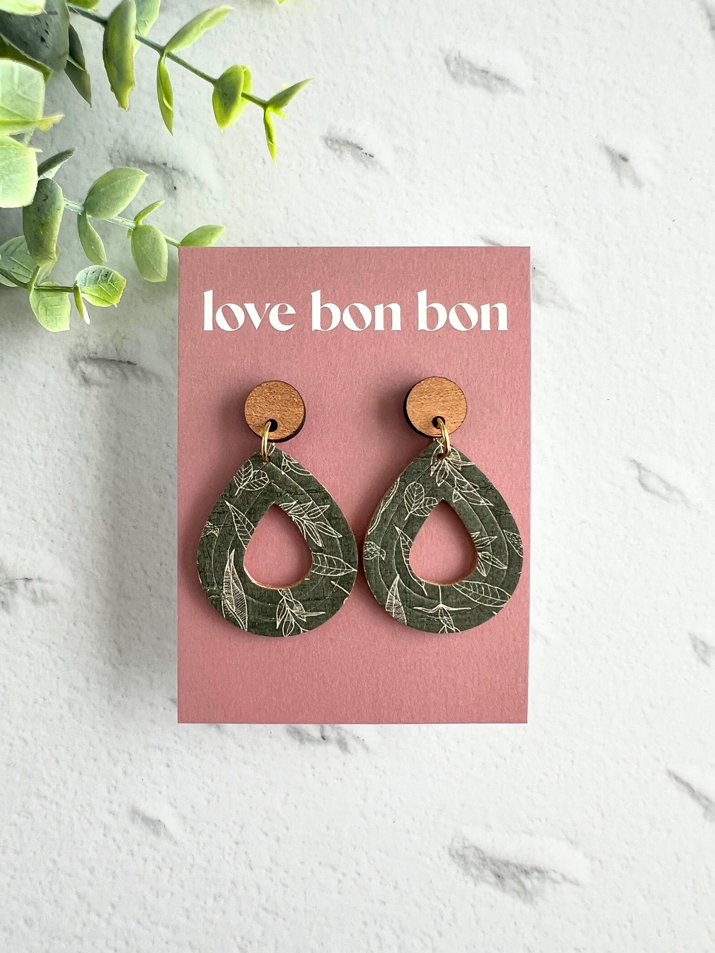 Cork and Leather Embossed Teardrop Handmade Earring with Wooden topper, dangle earring, gift for her, birthday gift, floral earring