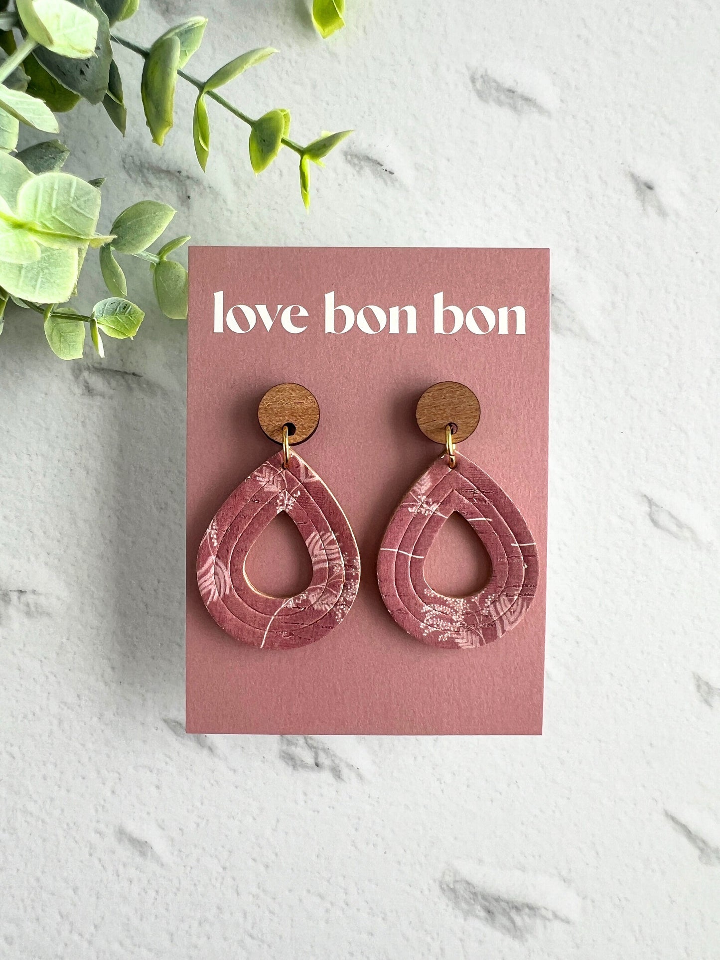 Cork and Leather Embossed Teardrop Handmade Earring with Wooden topper, dangle earring, gift for her, birthday gift, floral earring