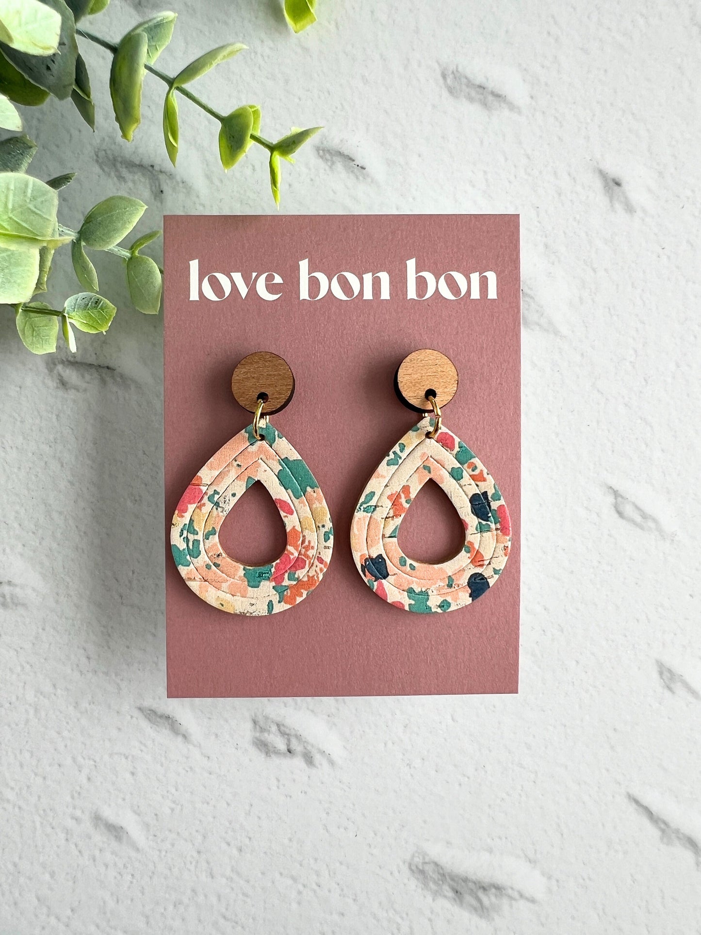 Cork and Leather Embossed Teardrop Handmade Earring with Wooden topper, dangle earring, gift for her, birthday gift, floral earring