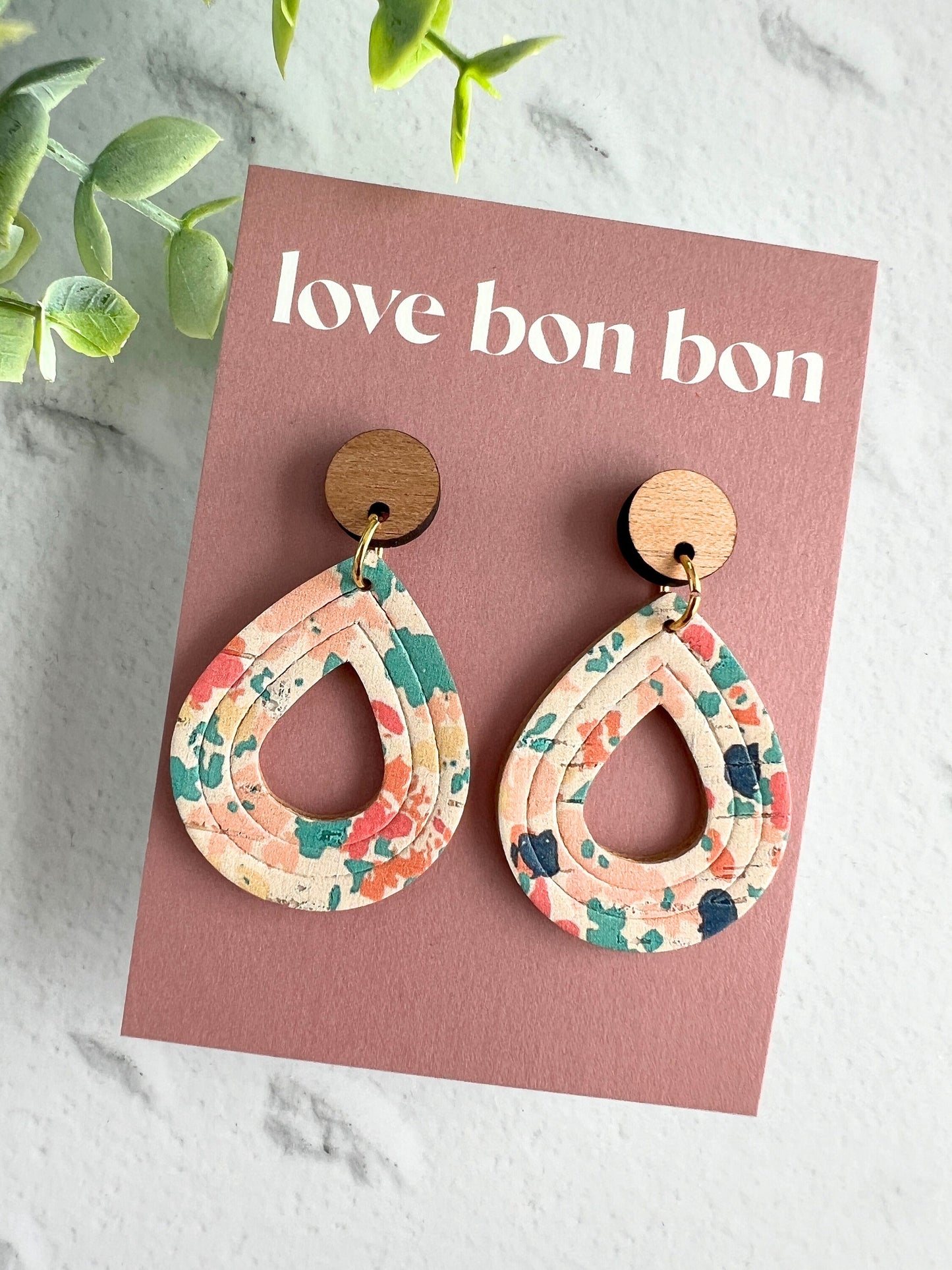 Cork and Leather Embossed Teardrop Handmade Earring with Wooden topper, dangle earring, gift for her, birthday gift, floral earring