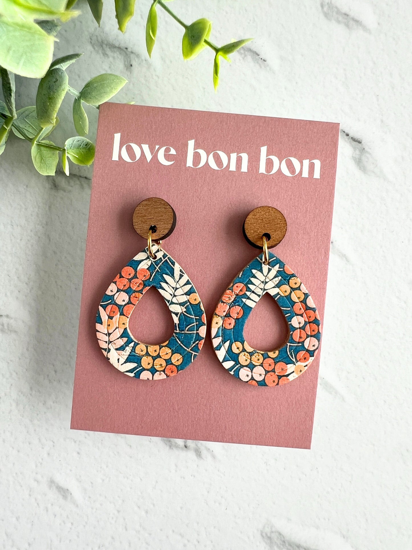 Cork and Leather Embossed Teardrop Handmade Earring with Wooden topper, dangle earring, gift for her, birthday gift, floral earring