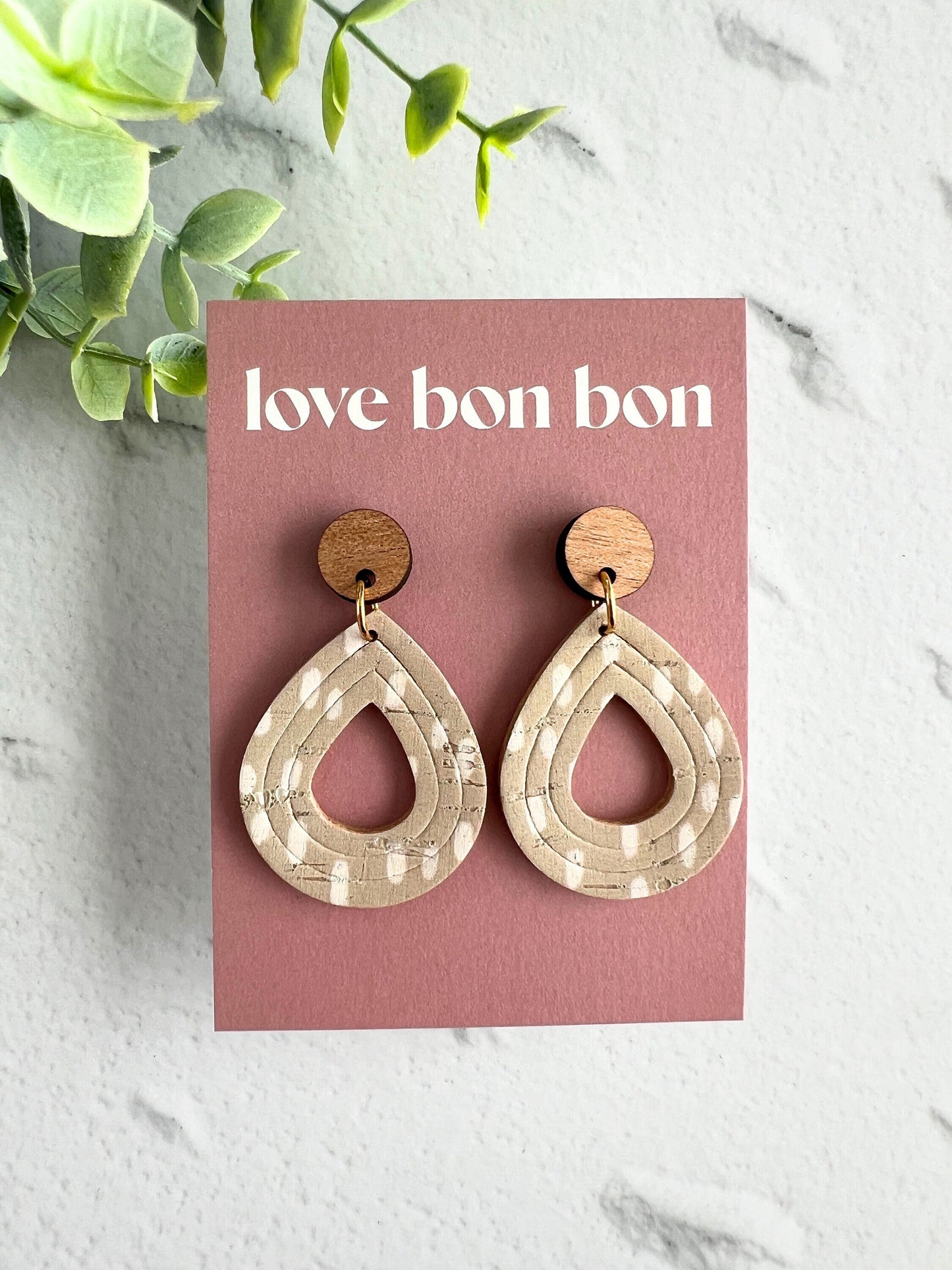 Cork and Leather Embossed Teardrop Handmade Earring with Wooden topper, dangle earring, gift for her, birthday gift, floral earring
