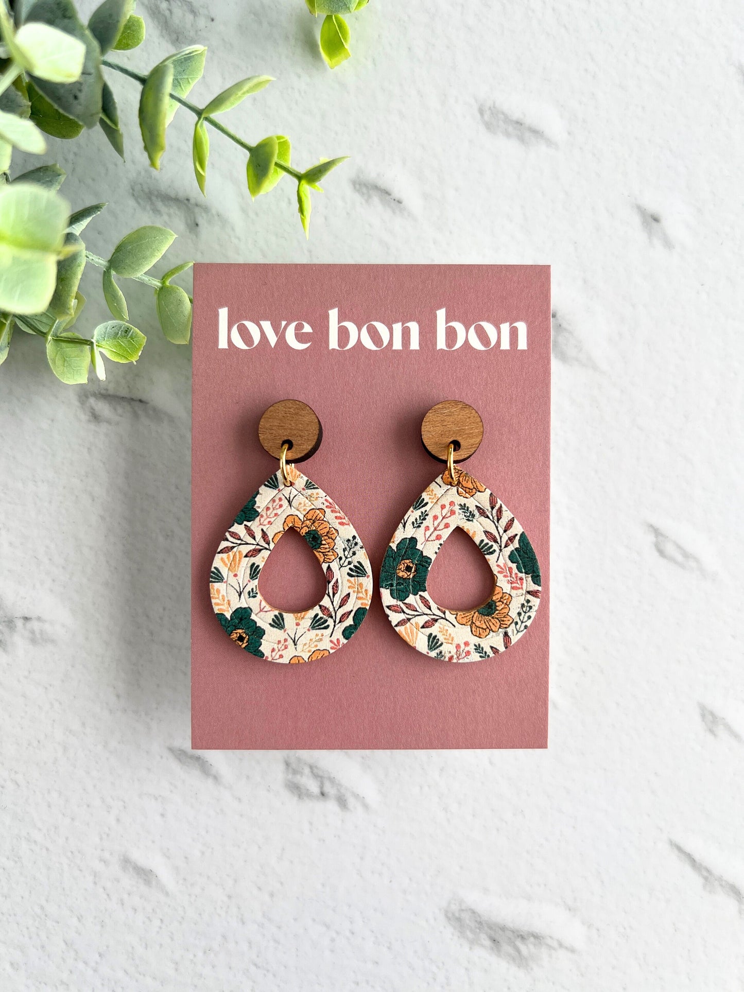 Cork and Leather Embossed Teardrop Handmade Earring with Wooden topper, dangle earring, gift for her, birthday gift, floral earring