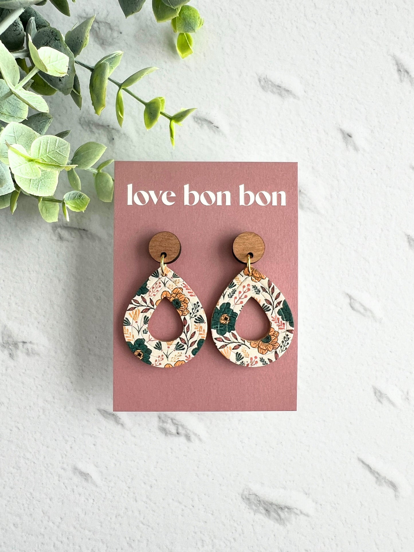 Cork and Leather Embossed Teardrop Handmade Earring with Wooden topper, dangle earring, gift for her, birthday gift, floral earring