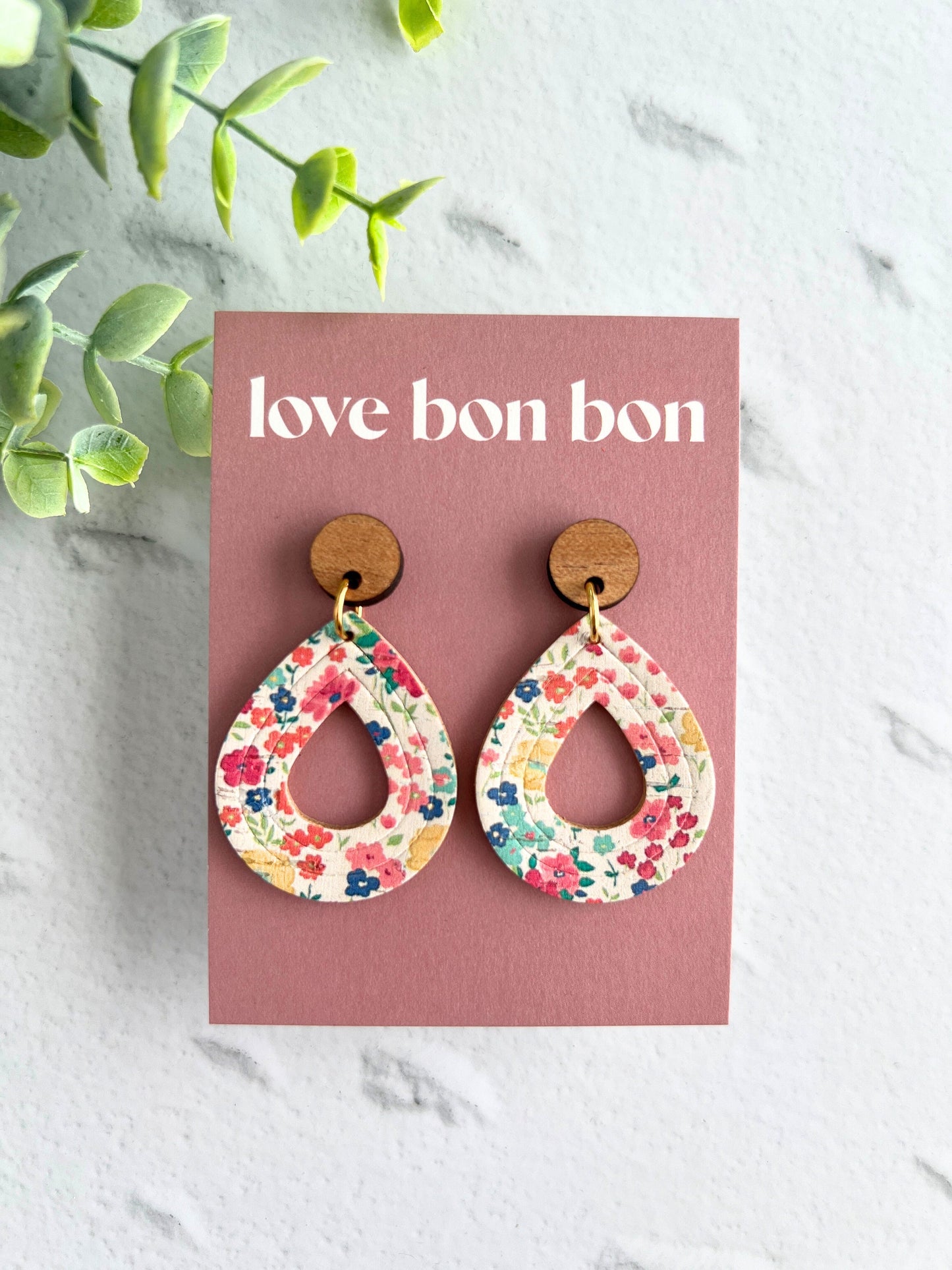 Cork and Leather Embossed Teardrop Handmade Earring with Wooden topper, dangle earring, gift for her, birthday gift, floral earring