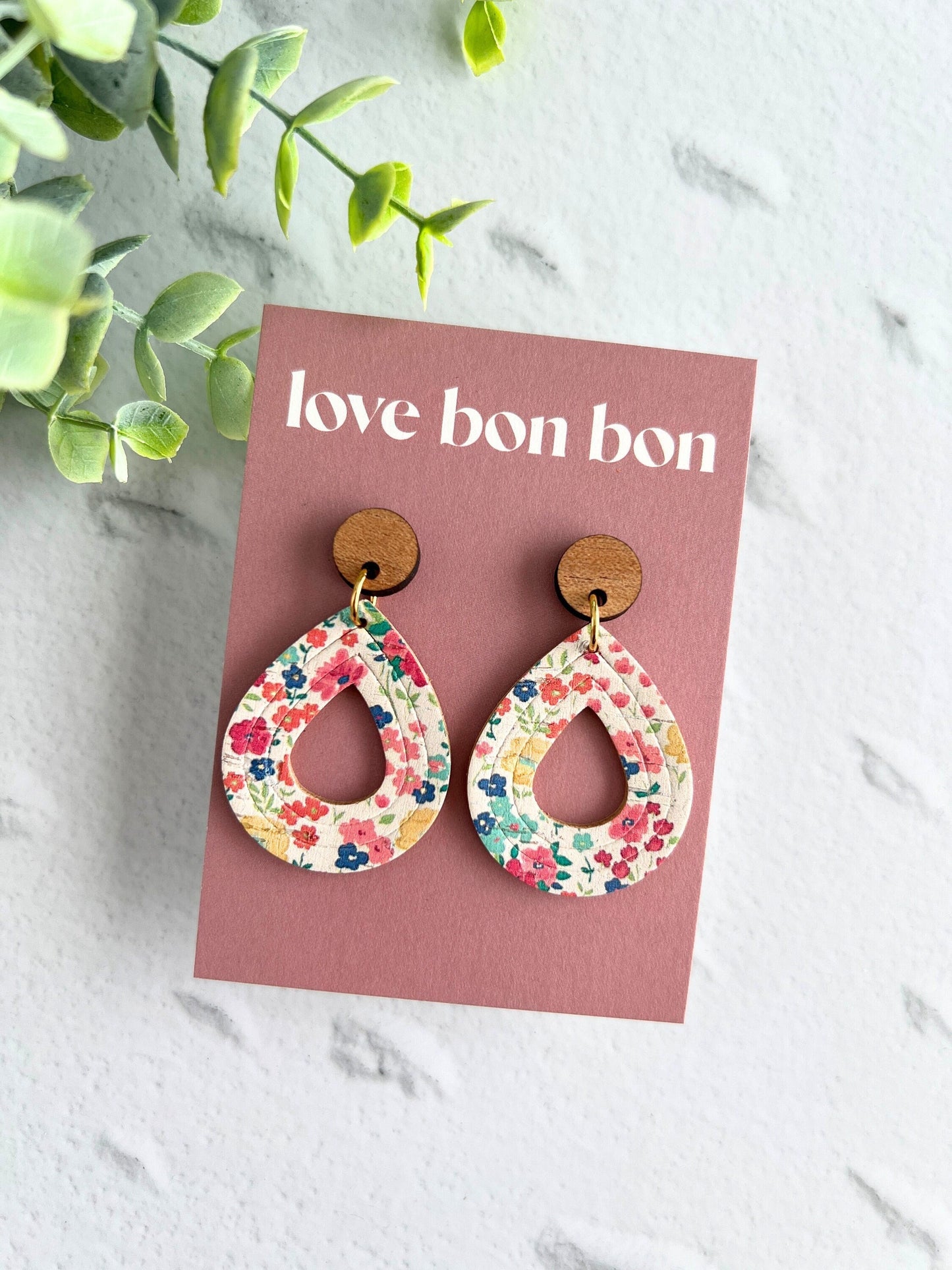 Cork and Leather Embossed Teardrop Handmade Earring with Wooden topper, dangle earring, gift for her, birthday gift, floral earring