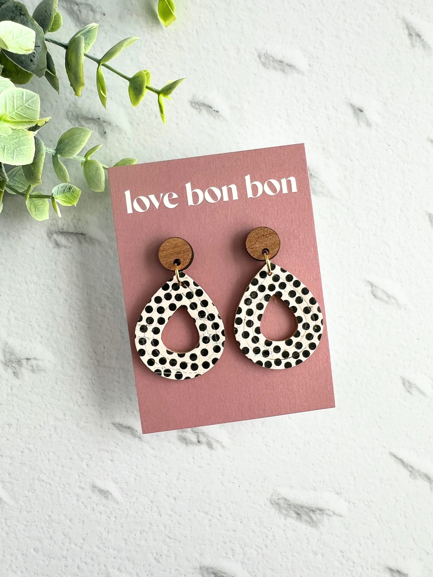 Cork and Leather Embossed Teardrop Handmade Earring with Wooden topper, dangle earring, gift for her, birthday gift, floral earring