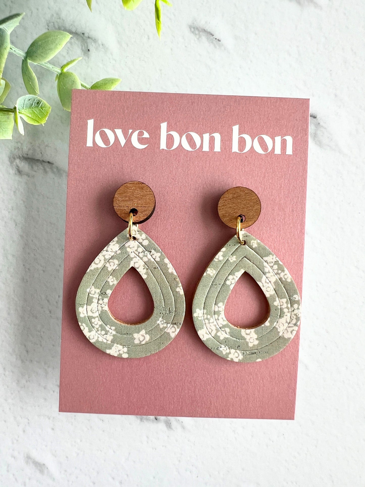 Cork and Leather Embossed Teardrop Handmade Earring with Wooden topper, dangle earring, gift for her, birthday gift, floral earring