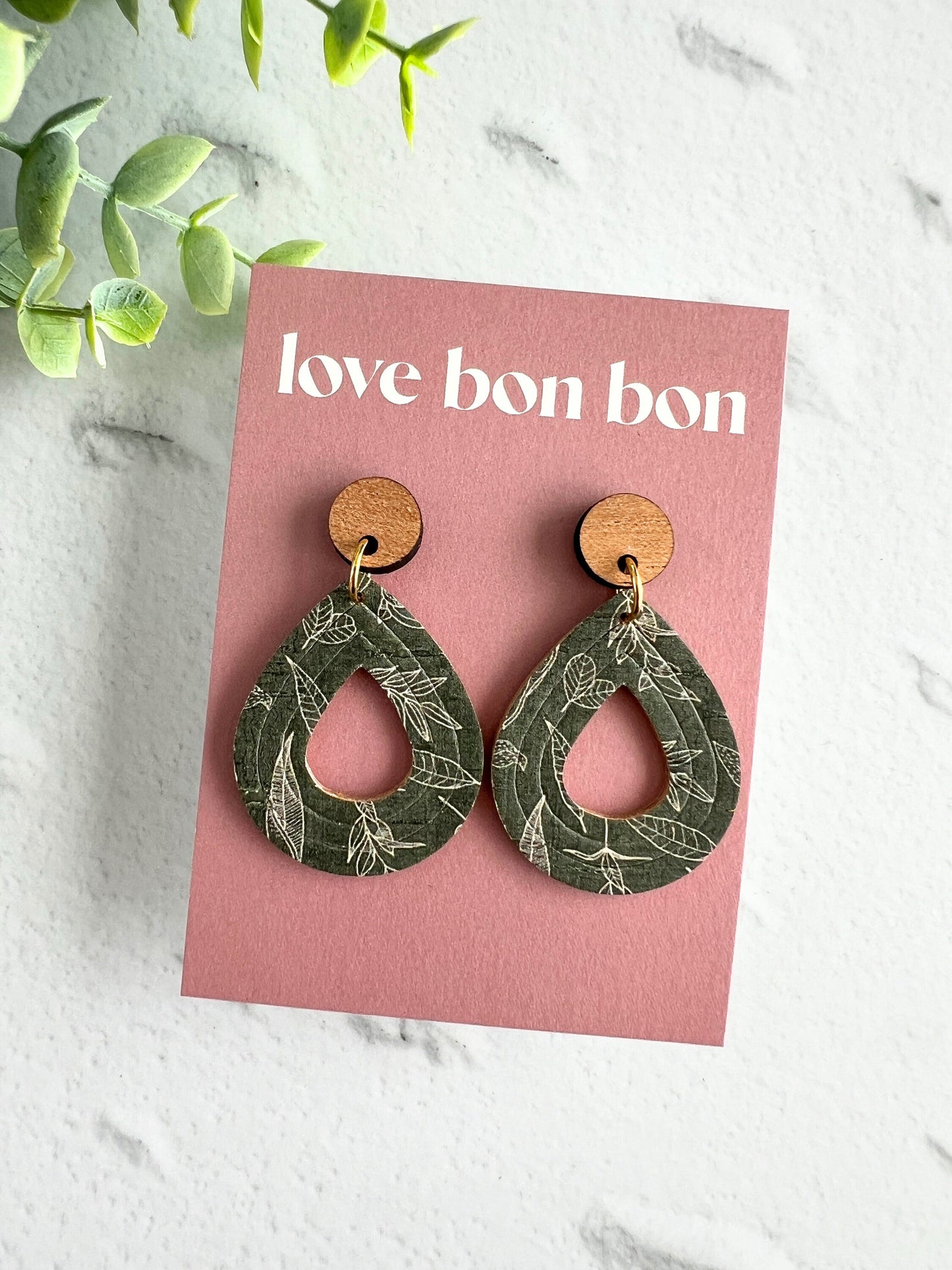 Cork and Leather Embossed Teardrop Handmade Earring with Wooden topper, dangle earring, gift for her, birthday gift, floral earring