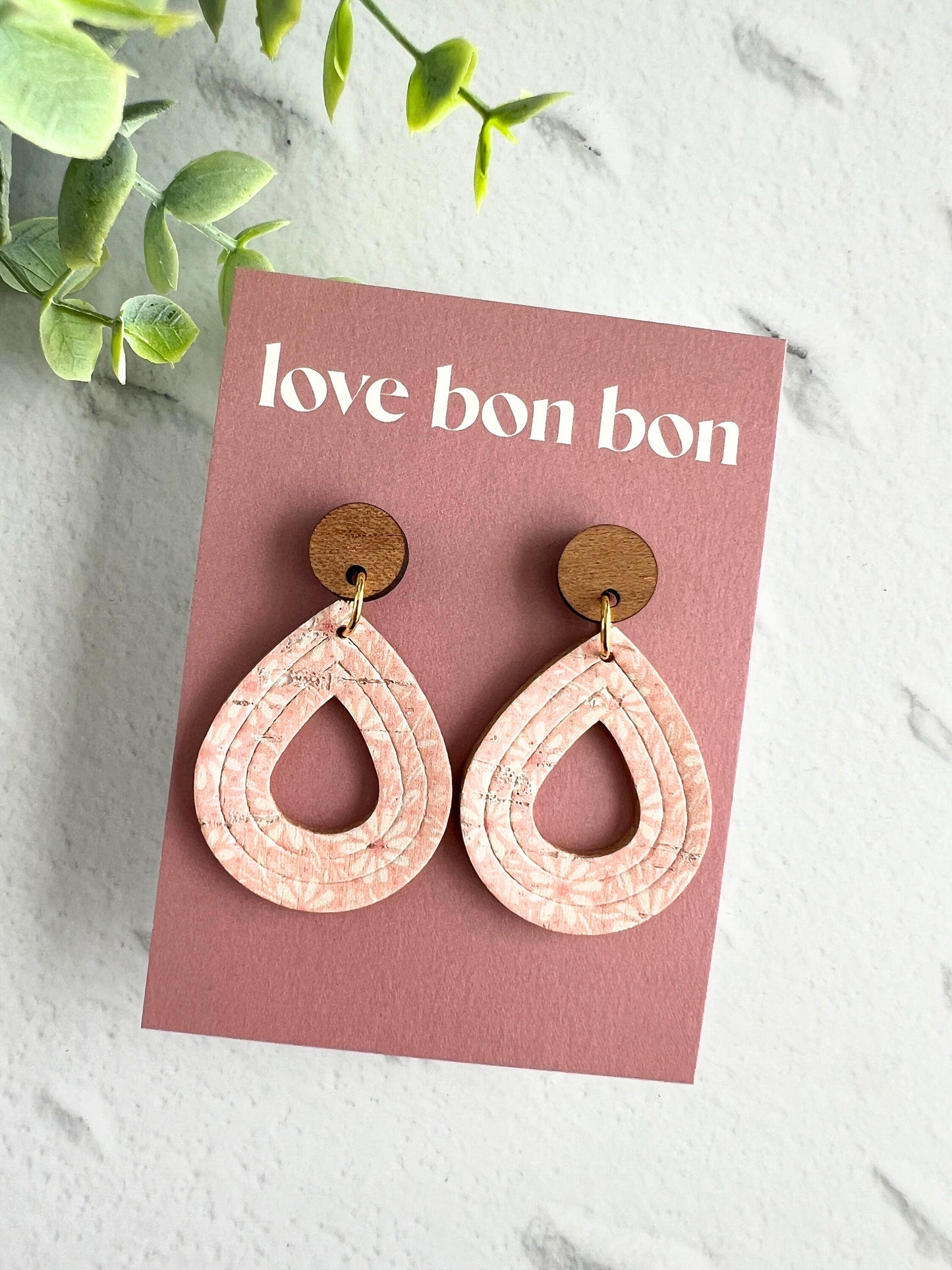 Cork and Leather Embossed Teardrop Handmade Earring with Wooden topper, dangle earring, gift for her, birthday gift, floral earring