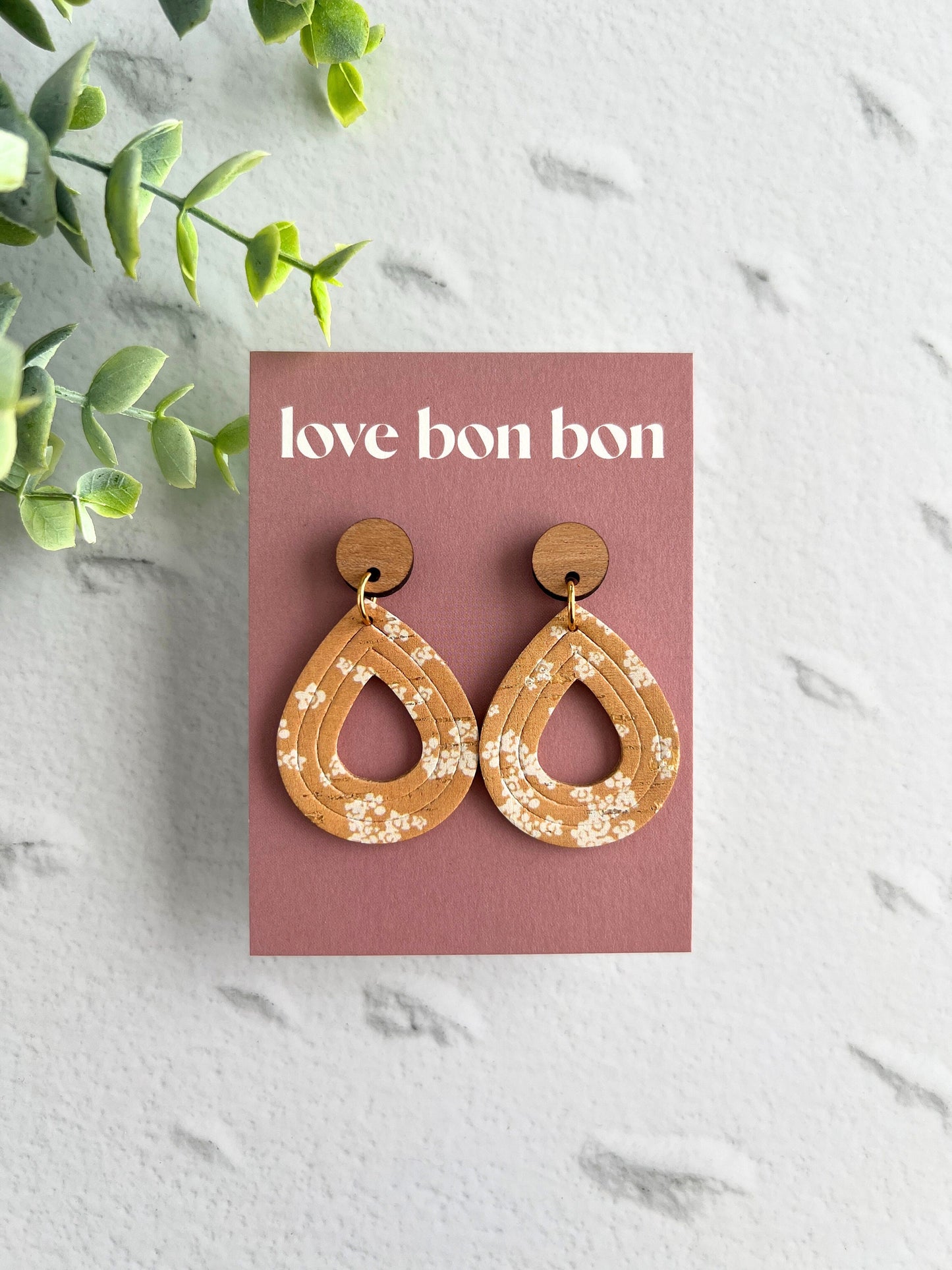 Cork and Leather Embossed Teardrop Handmade Earring with Wooden topper, dangle earring, gift for her, birthday gift, floral earring