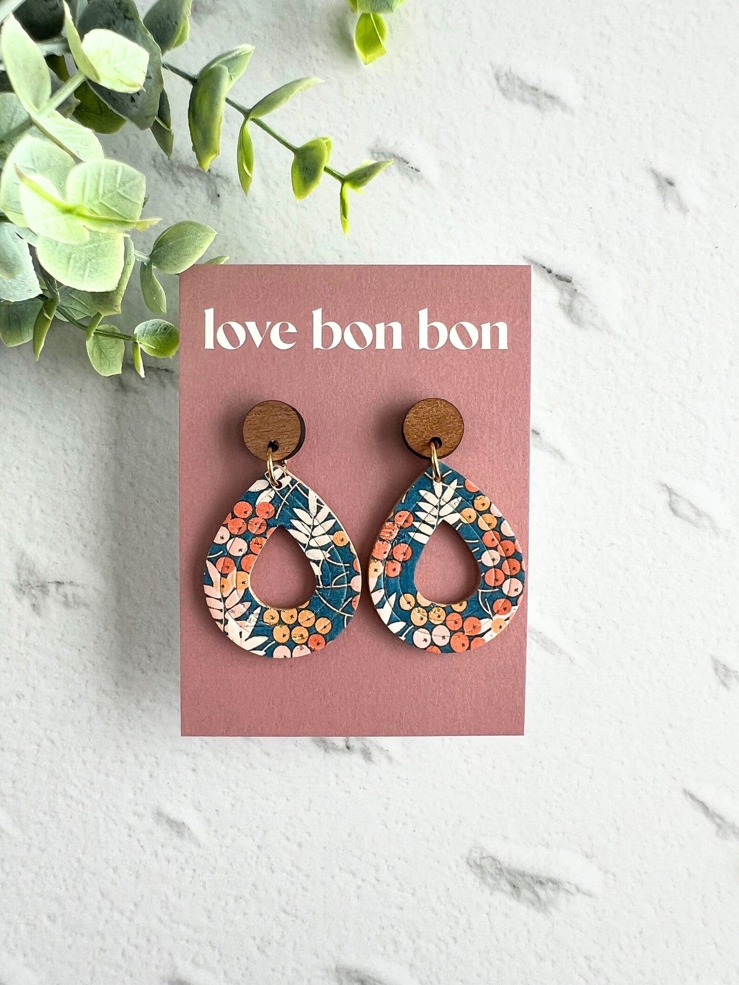 Cork and Leather Embossed Teardrop Handmade Earring with Wooden topper, dangle earring, gift for her, birthday gift, floral earring