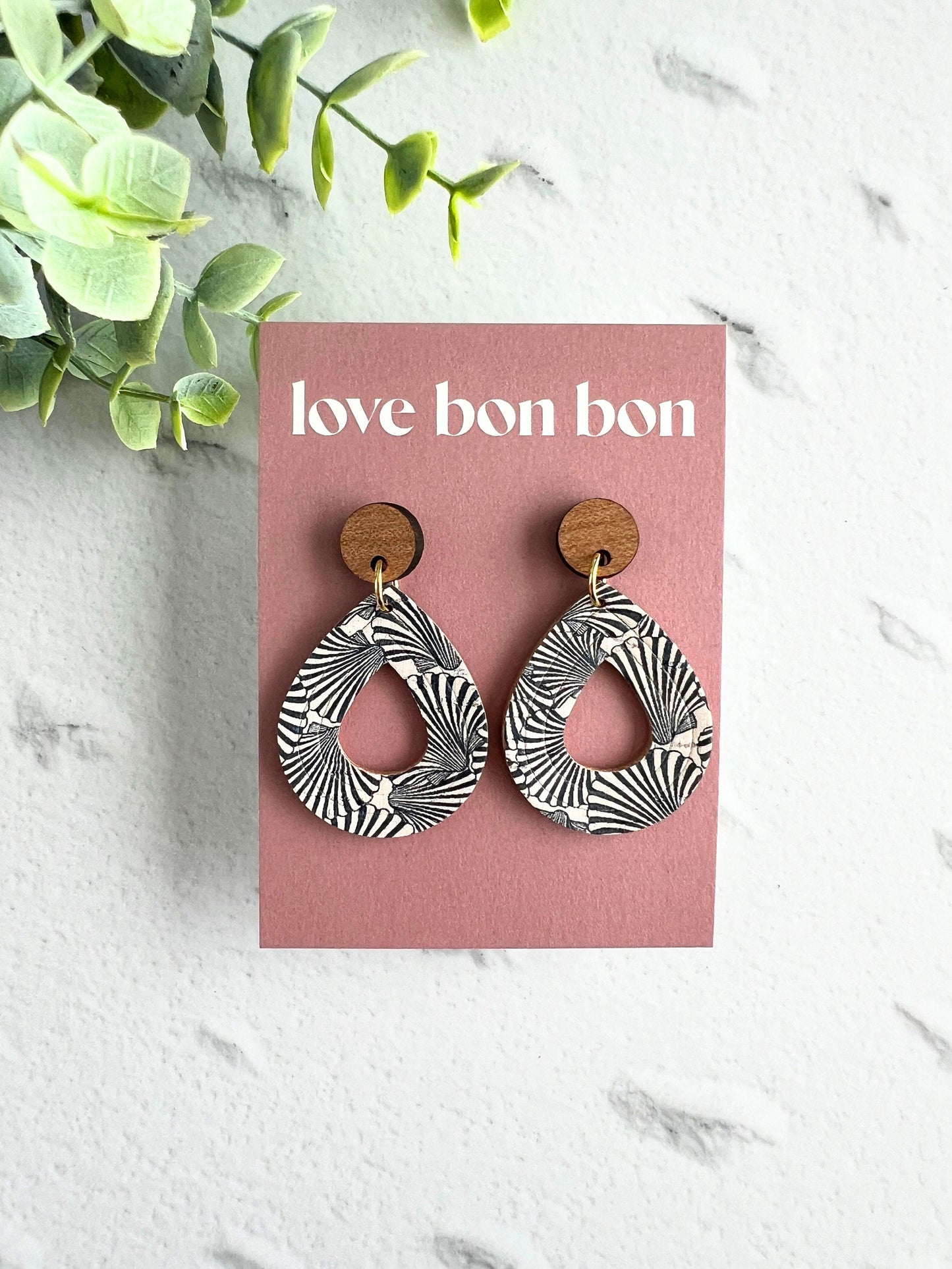 Cork and Leather Embossed Teardrop Handmade Earring with Wooden topper, dangle earring, gift for her, birthday gift, floral earring