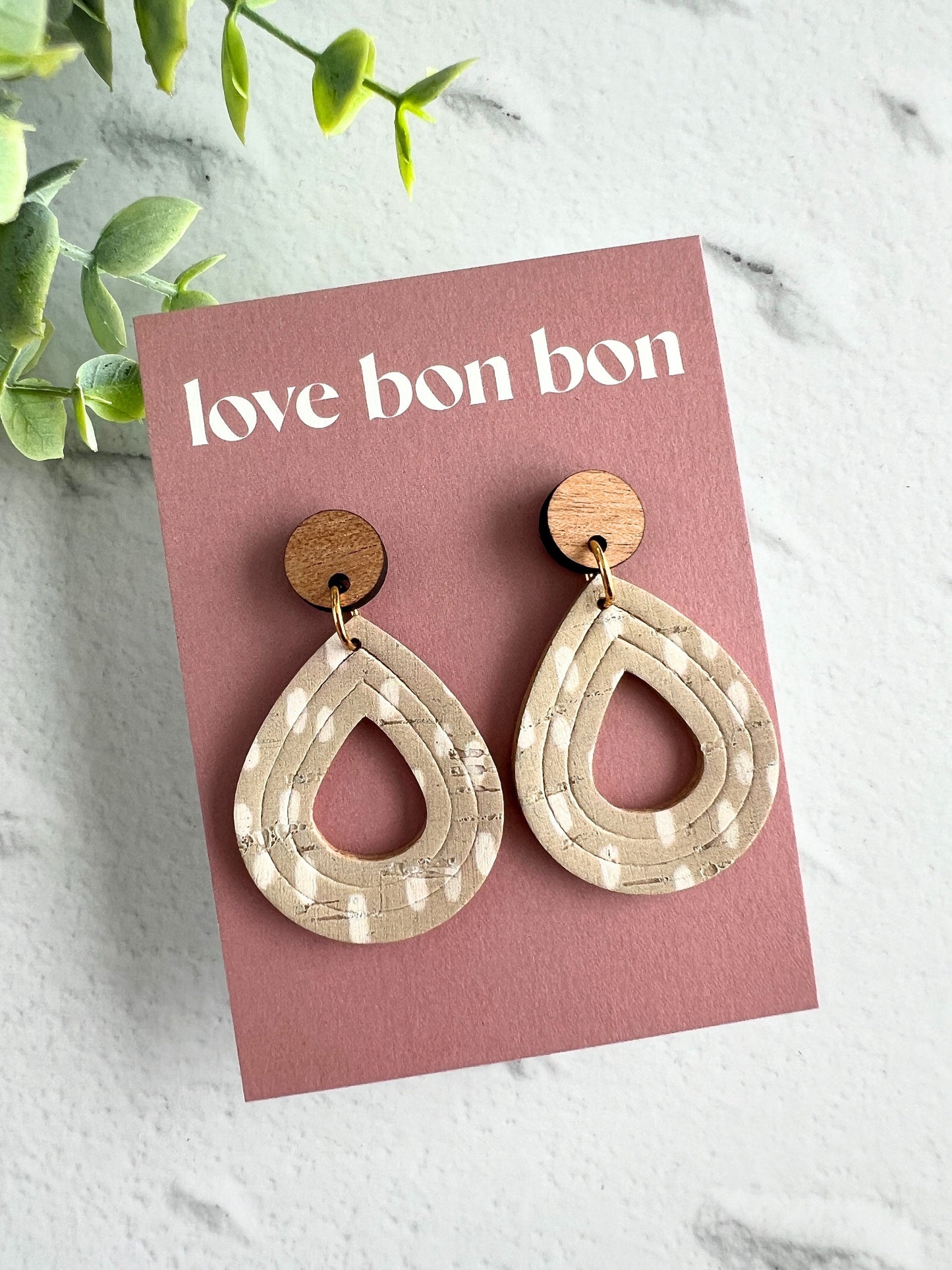 Cork and Leather Embossed Teardrop Handmade Earring with Wooden topper, dangle earring, gift for her, birthday gift, floral earring