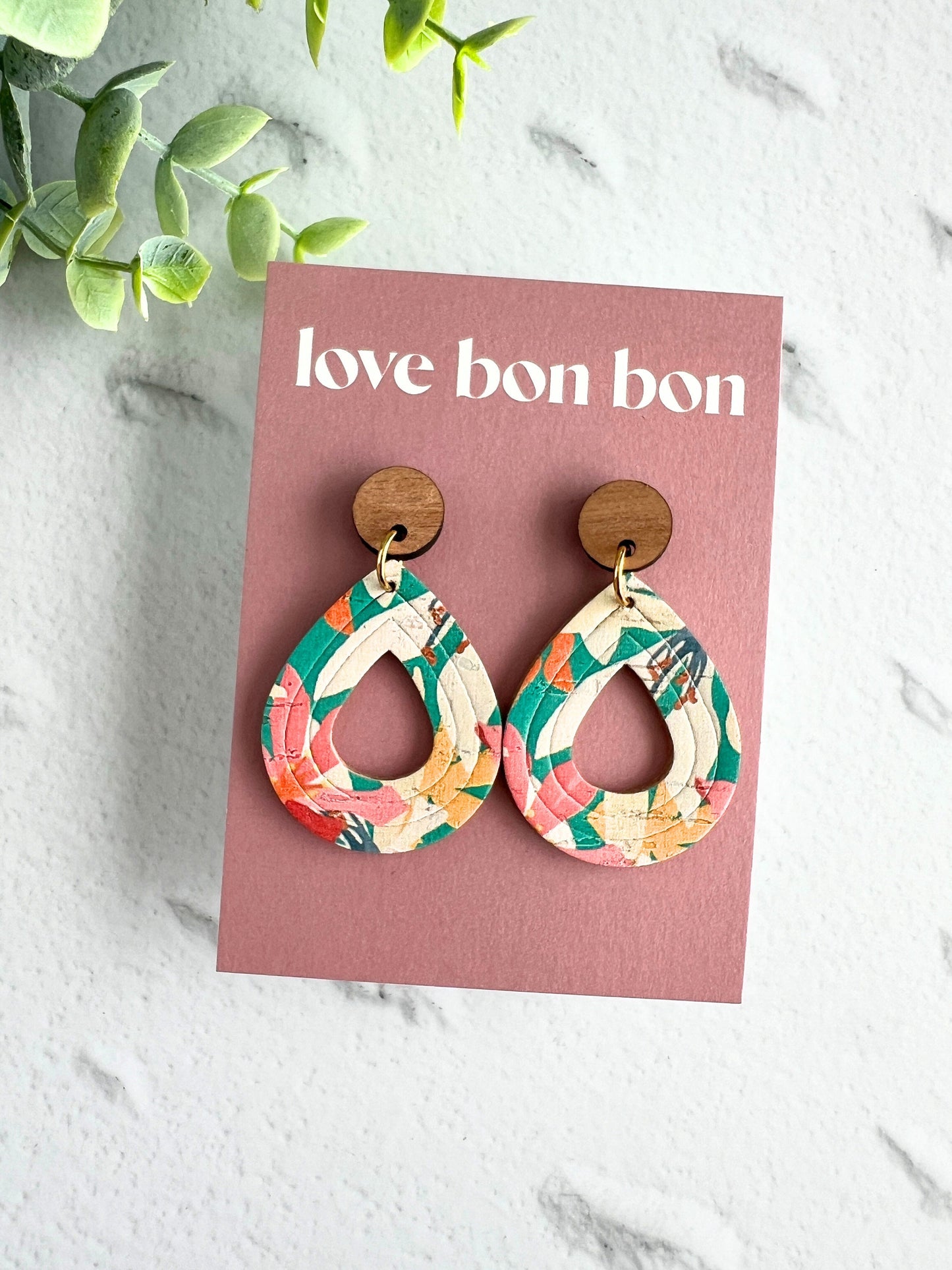 Cork and Leather Embossed Teardrop Handmade Earring with Wooden topper, dangle earring, gift for her, birthday gift, floral earring