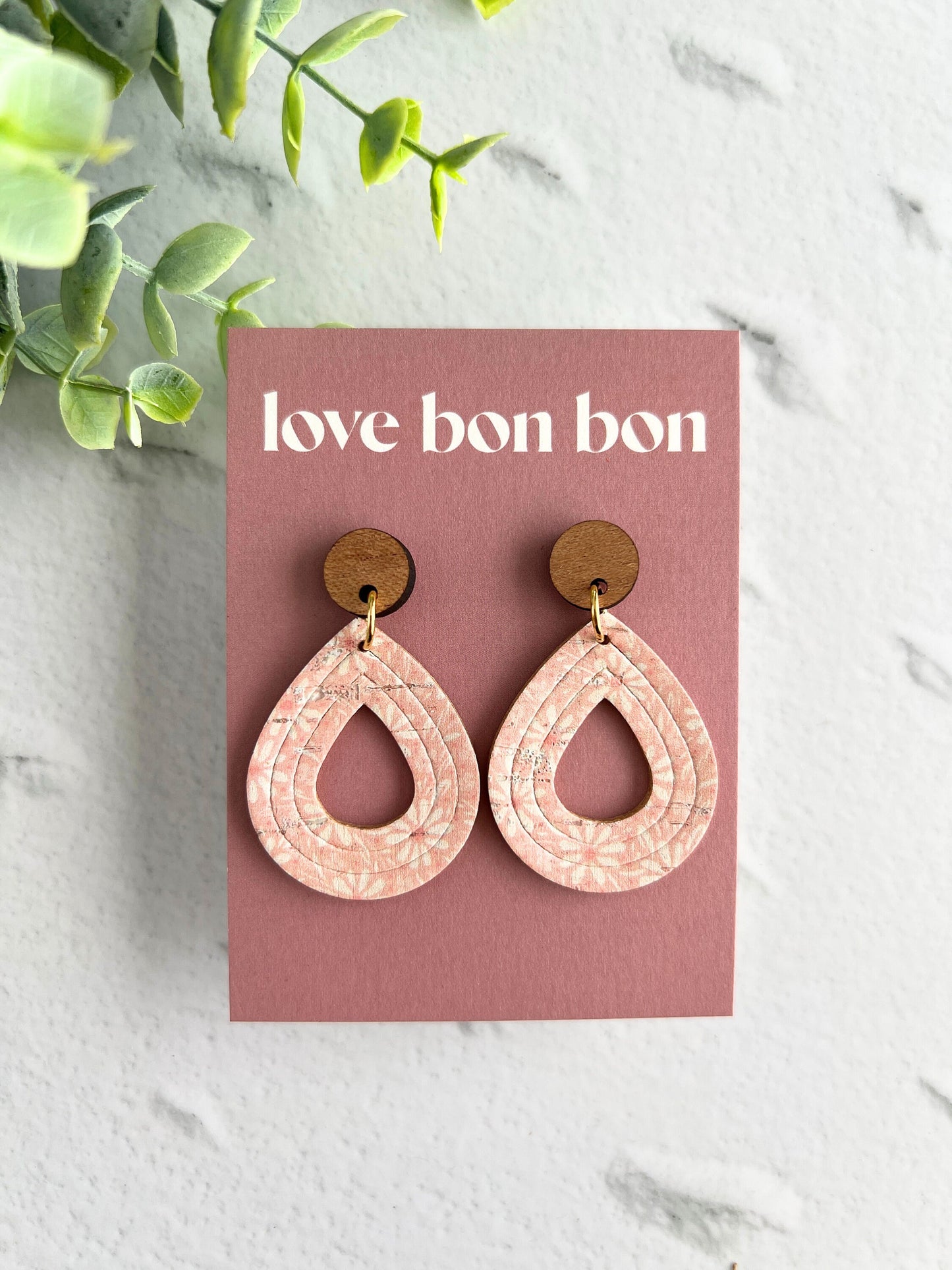 Cork and Leather Embossed Teardrop Handmade Earring with Wooden topper, dangle earring, gift for her, birthday gift, floral earring