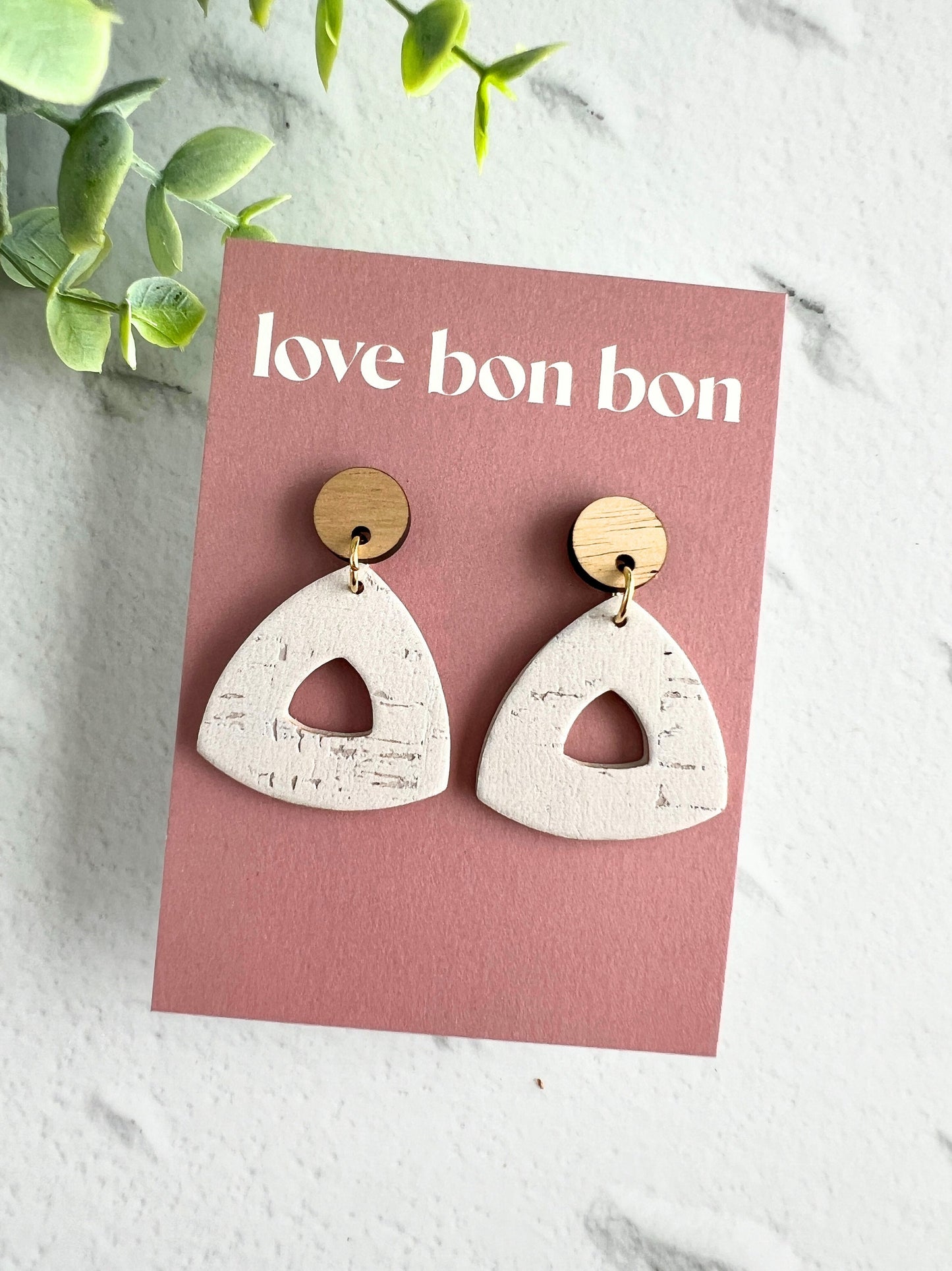 Cork and Leather Handmade Petite Cut-Out Triangle Earring with Wooden topper & stainless steel post, dangle earring, birthday gift